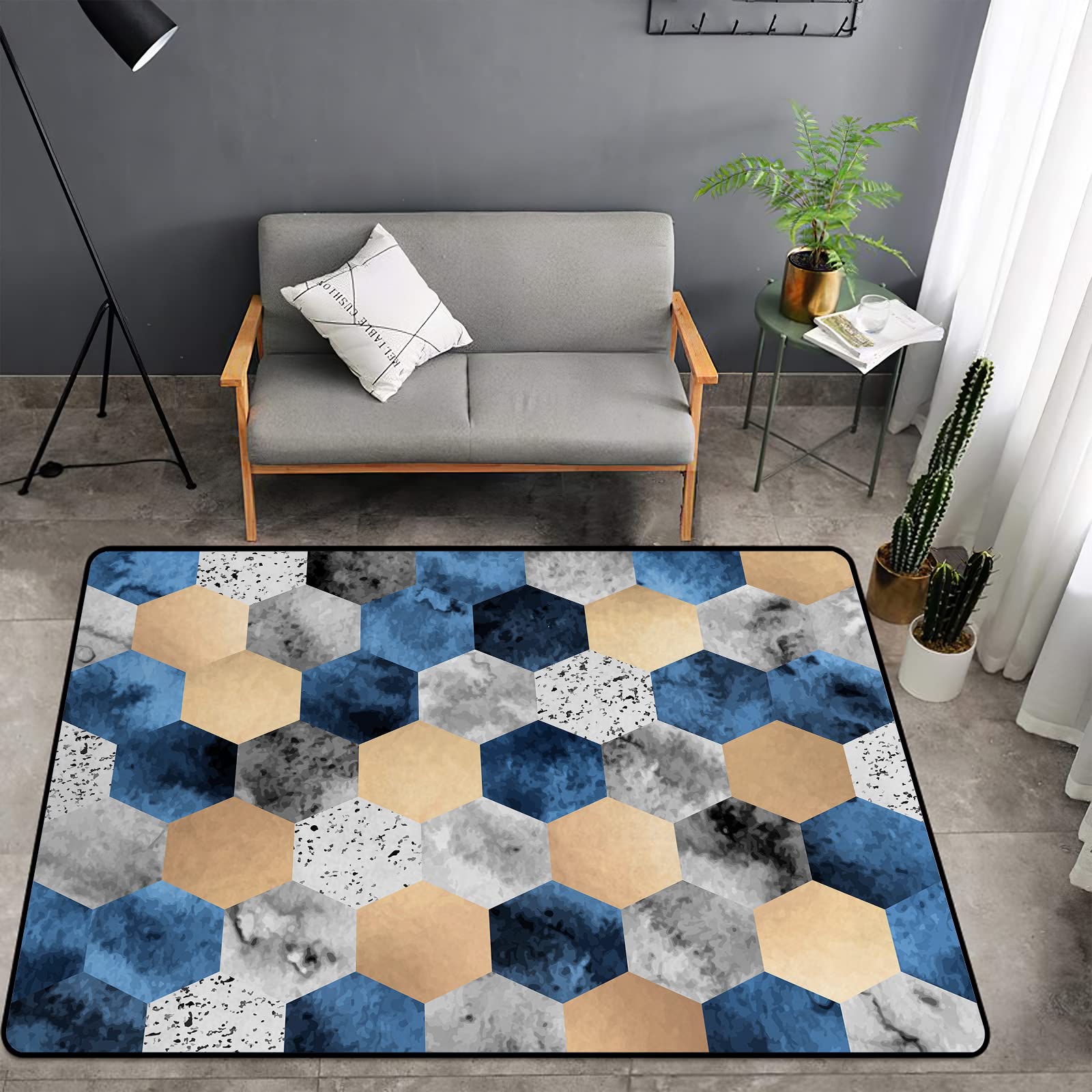 Washable Non-Slip Sponge Rug Pad - Soft Thick Geometric Marble Carpet for Kids Bedroom, Living Room, Bathroom & Dorm | Abstract Gold Blue Polygonal Design Indoor Floor Mat for Home Decor & Comfort