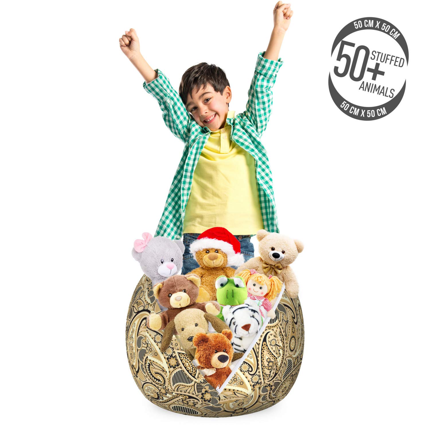 Ambesonne Paisley Toy Storage Bag Chair - Traditional Floral Leaf Striped Pattern, Washable Stuffed Animal Organizer for Kids Room, Small Size in Brown Black & White | Perfect for Nursery, Playroom & Bedroom Organization