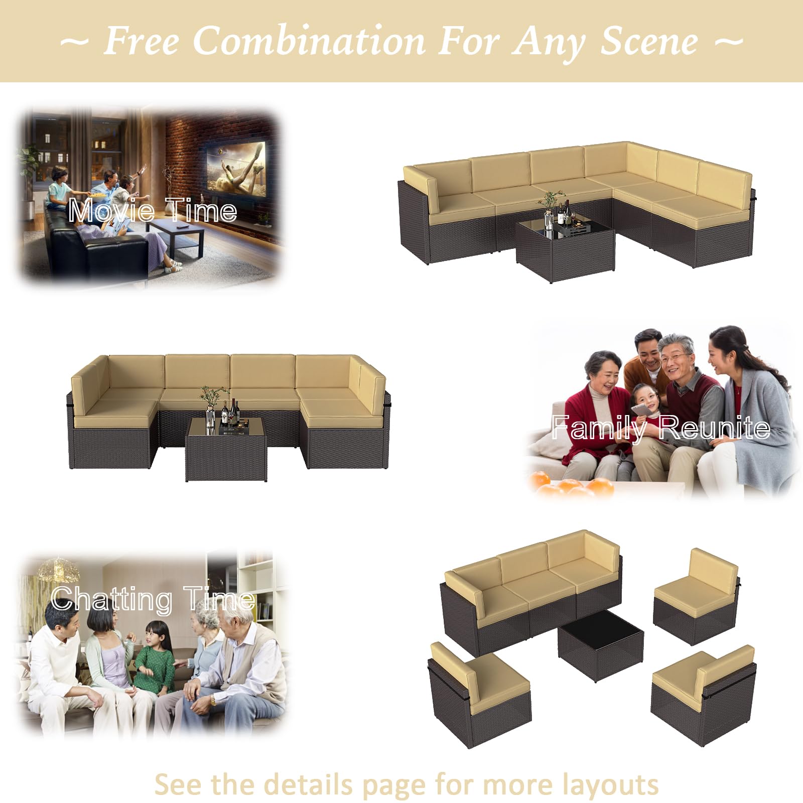 Premium Outdoor Patio Furniture Set - 7-Piece PE Rattan Wicker Sectional Sofa with Glass Coffee Table & Cushions for Porch, Balcony, Garden, Poolside (Khaki) | Perfect for Relaxing, Entertaining & Outdoor Living Spaces
