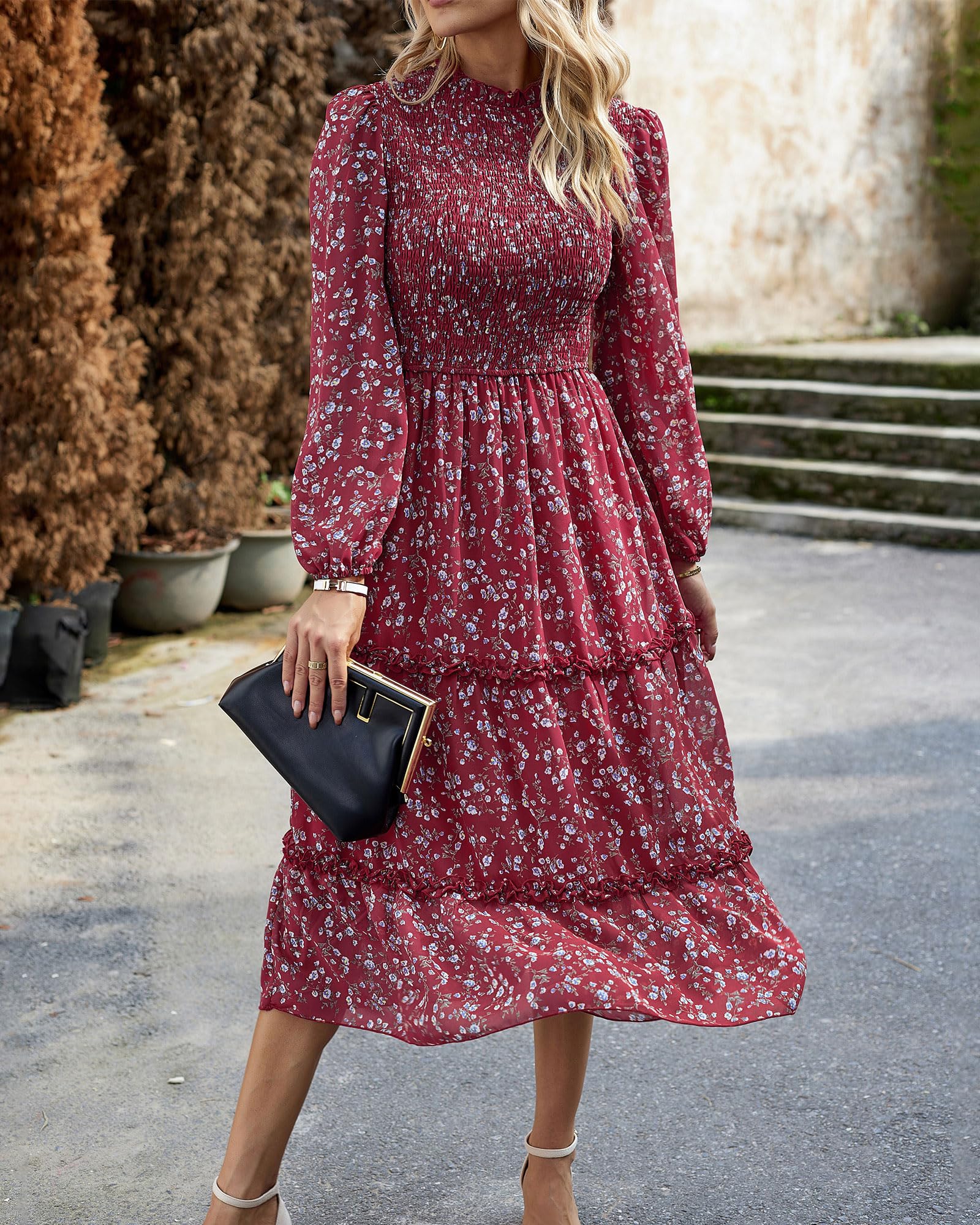 NOLLSOM Women's Floral Boho Maxi Dress 2025 - Long Sleeve Crew Neck A-Line Ruffle Wedding Guest Dress for Spring | Perfect for Beach Vacations, Garden Parties & Casual Outings