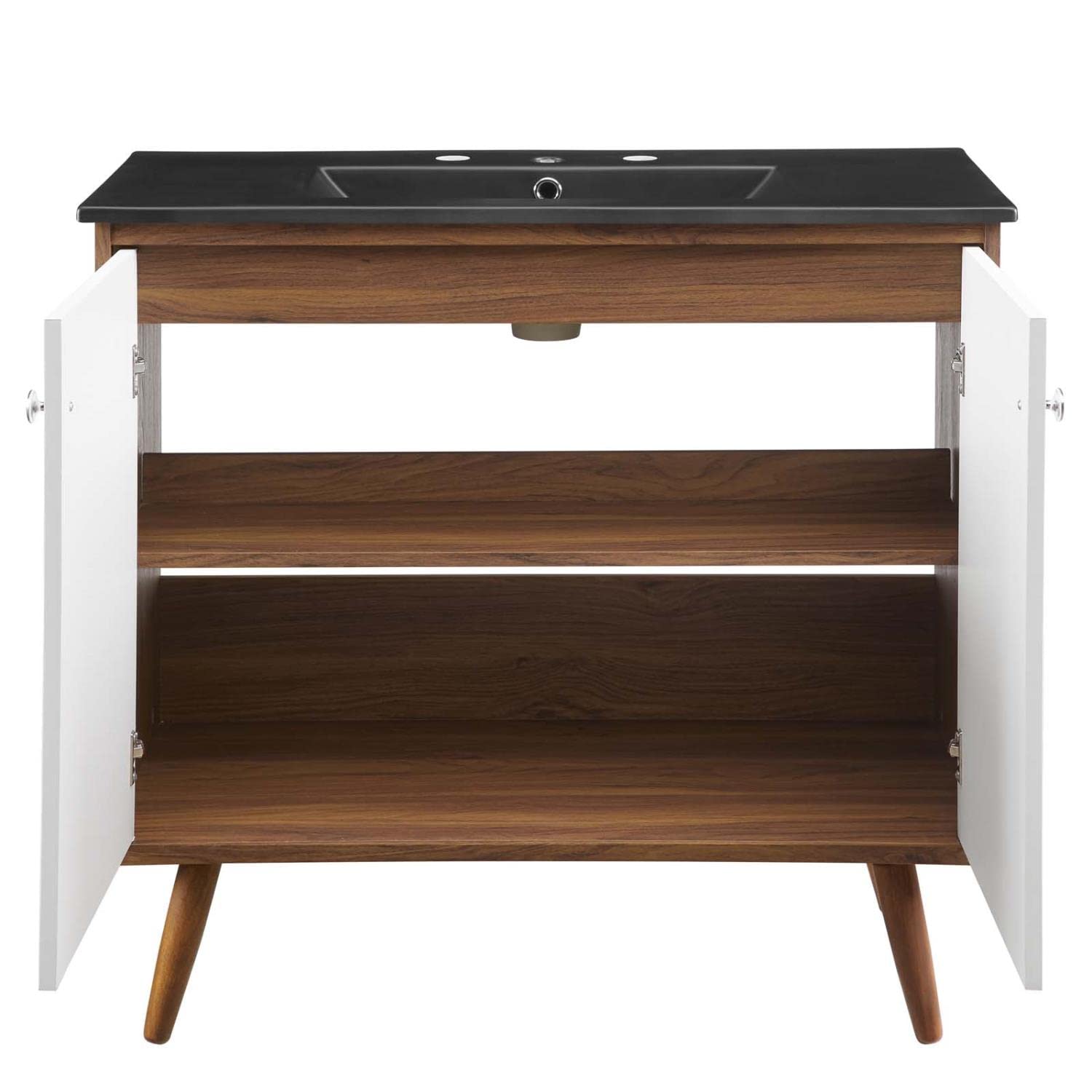 Modway Transmit 36 Inch Walnut Black Bathroom Vanity with Sink - Modern Storage Cabinet for Small Bathrooms, Powder Rooms & Master Baths