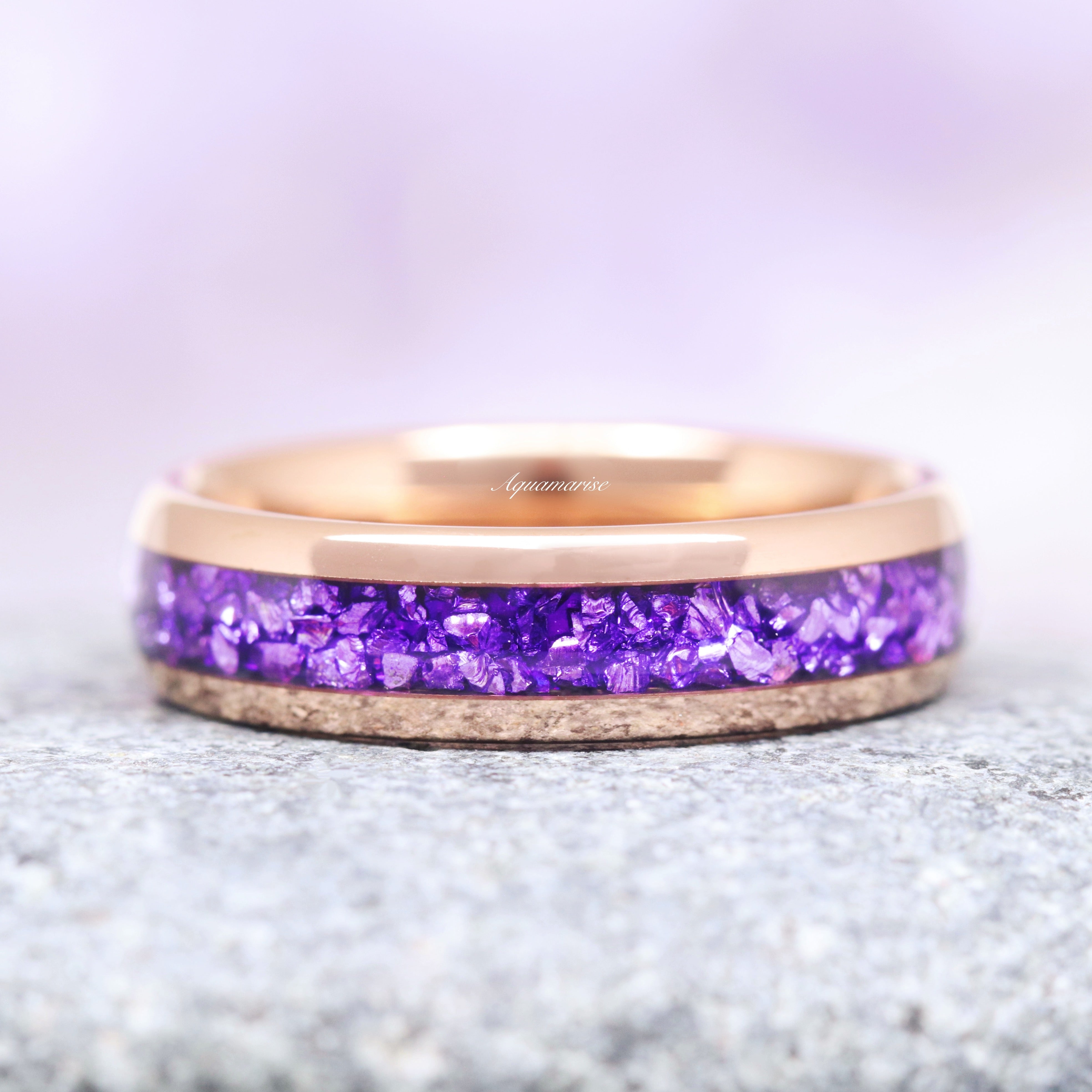 6MM Rose Gold Tungsten Wedding Band with Crushed Amethyst Inlay - Elegant Unisex Ring for Weddings, Anniversaries & Special Occasions