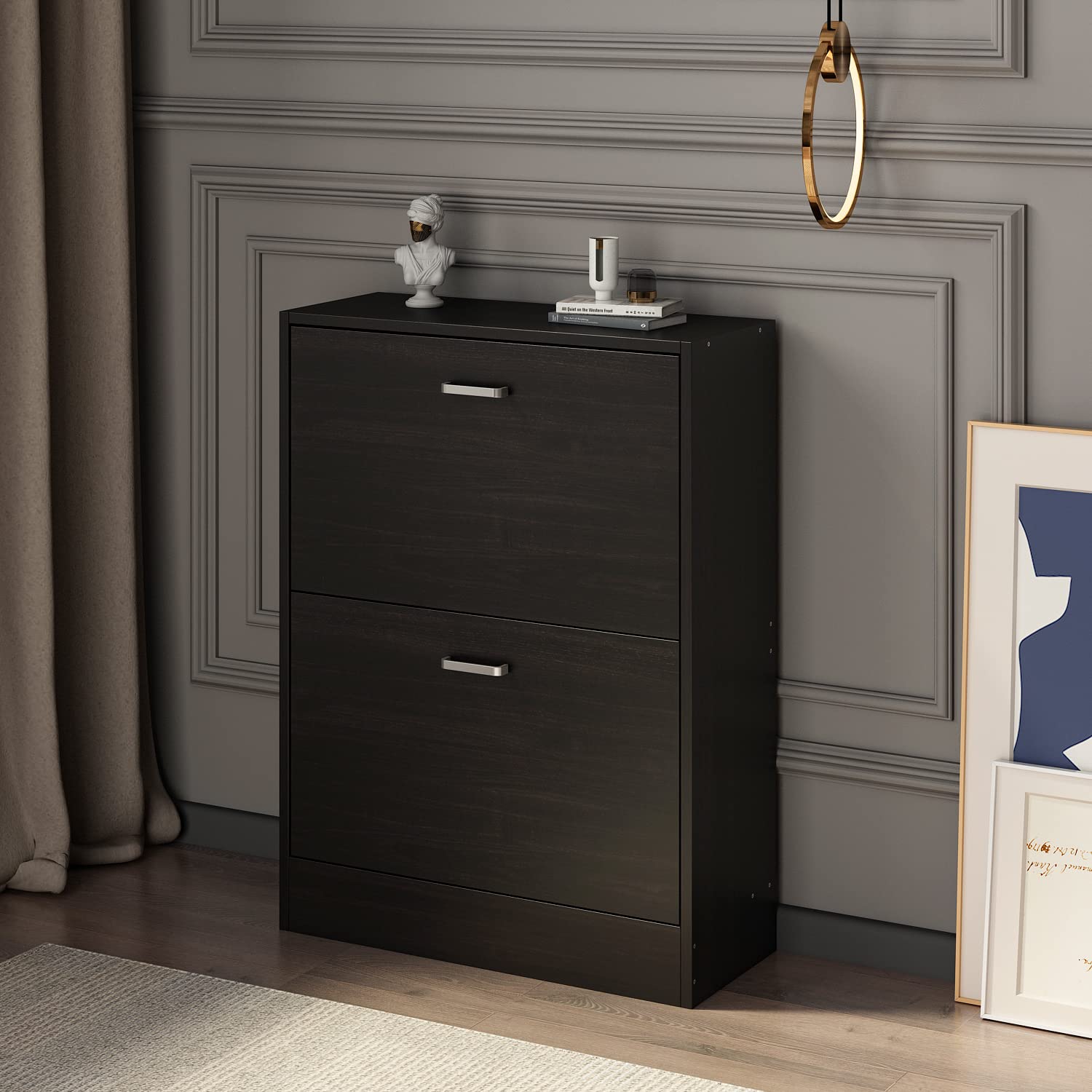 Hitow Narrow Shoe Storage Cabinet with 2 Flip Drawers & Adjustable Shelf - Freestanding Entryway Shoe Rack for Small Spaces - Black Brown (23.6