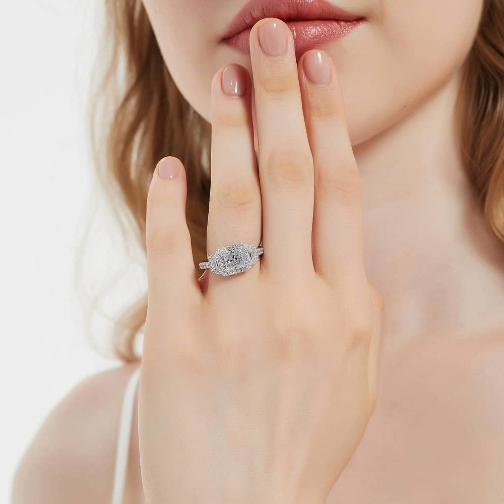 BERRICLE Sterling Silver Halo Wedding & Engagement Ring 1.2 Carat Princess Cut Cubic Zirconia CZ 3-Stone Ring for Women, Rhodium Plated Size 4-10 - Perfect for Proposals, Anniversaries & Bridal Jewelry Gifts