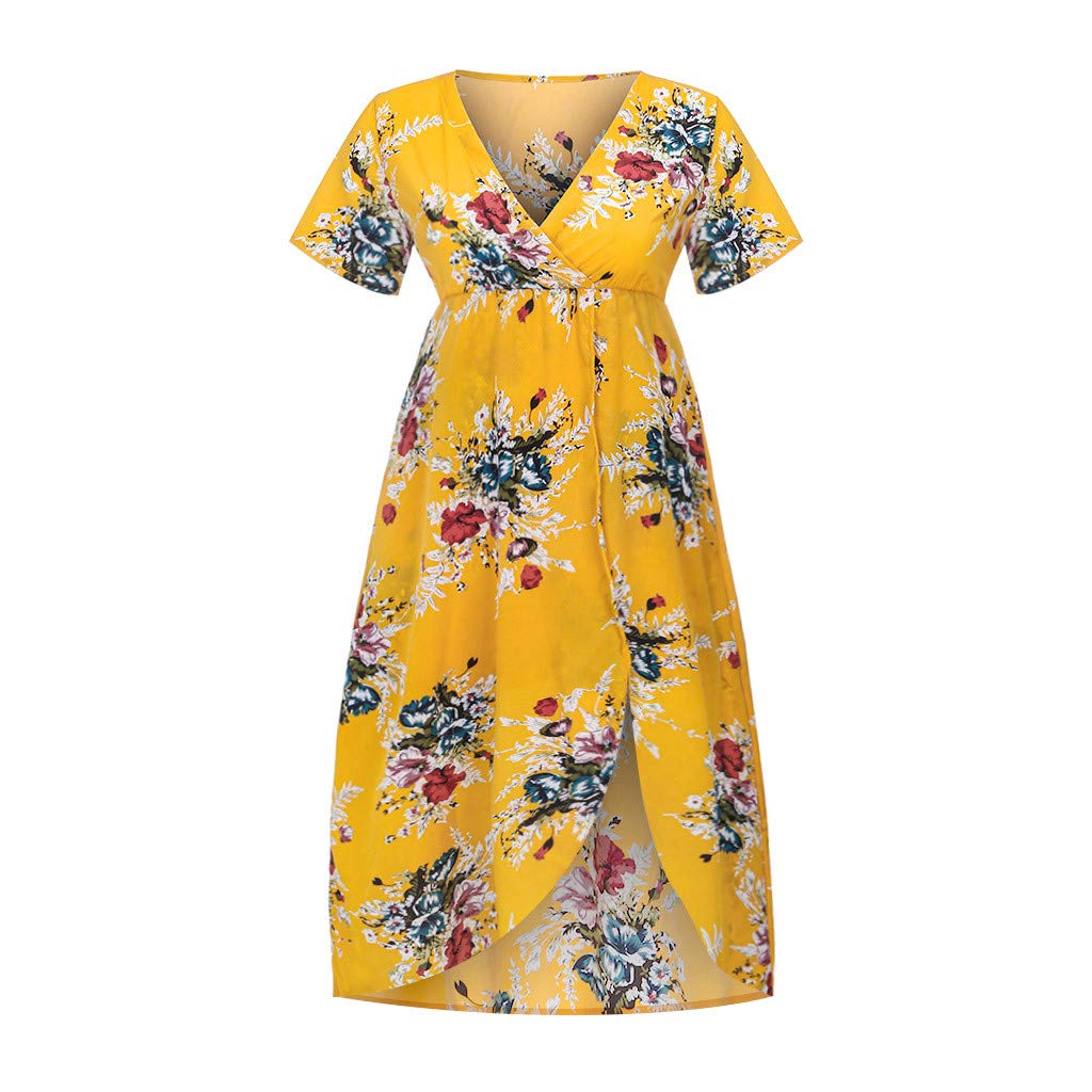 Plus Size Floral Short Sleeve Maxi Romper Dress - Women's Asymmetrical High-Low Party Dress with Side Slit | Perfect for Summer Weddings, Beach Vacations & Cocktail Parties
