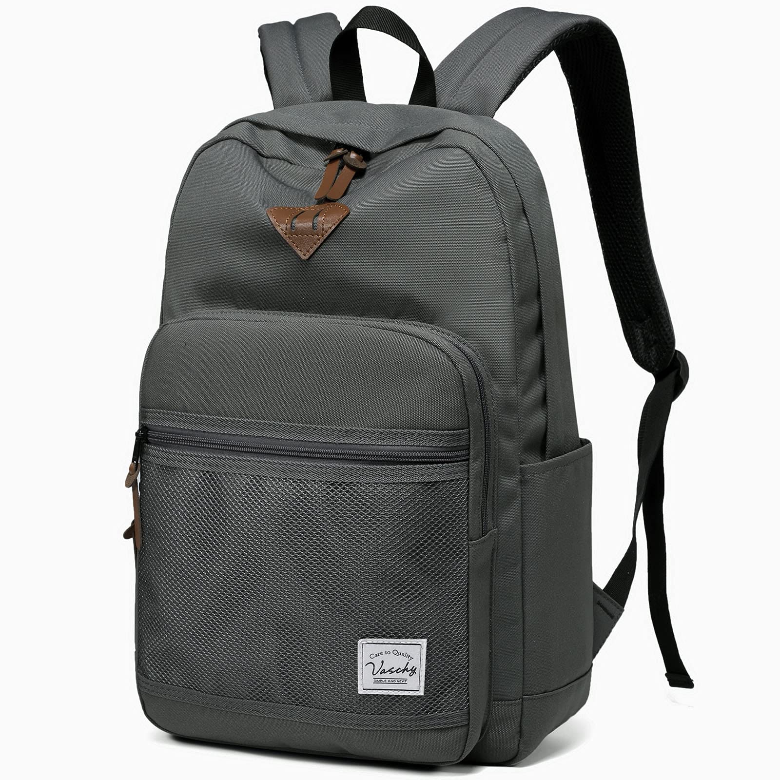 VASCHY Waterproof Lightweight School Backpack for Men & Women - 15.6 Inch Laptop Backpack with Padded Sleeve, Dark Gray - Perfect for College, Work, Travel & Daily Commute