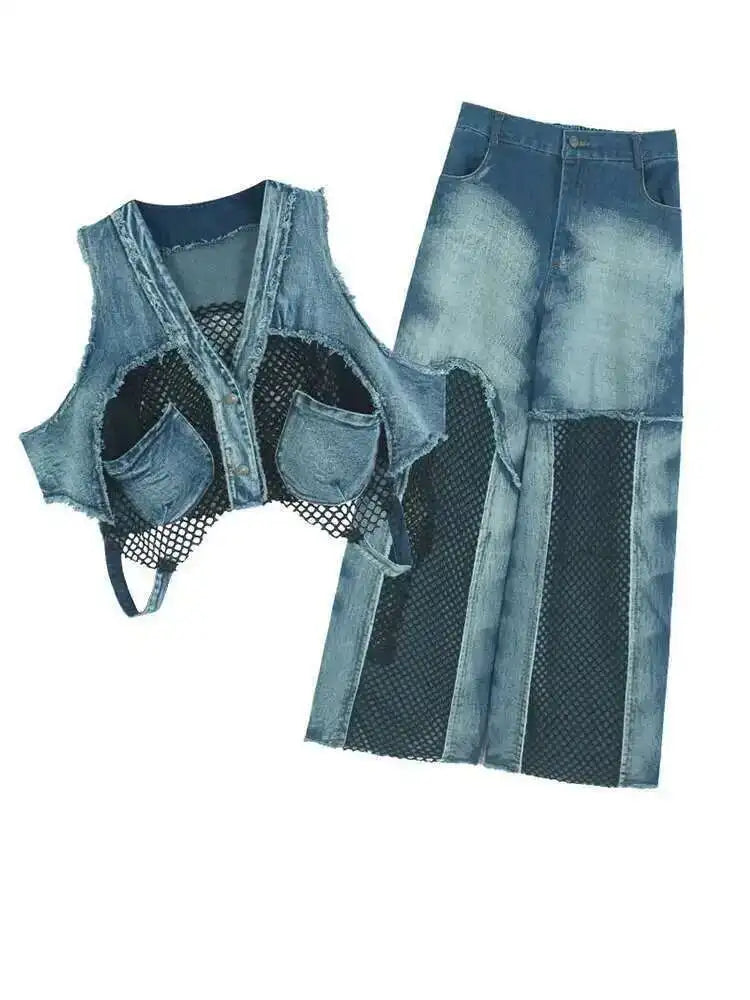 Women's Big Size Denim Vest & Wide Leg Pants Two-Piece Set - V-Neck Sleeveless Outfit for Spring/Fall 2025 | Casual Streetwear, Plus Size Fashion Trend | Perfect for Daily Wear, Office Outfits & Weekend Looks