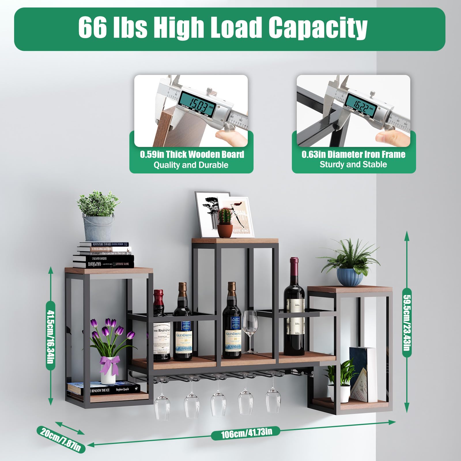Metal & Wood Wall Mounted Wine Bottle Rack - Multi-Functional Wine Storage Display with Glass Holder for Home, Kitchen & Bar - Perfect for Organizing Wine Collections & Entertaining Guests