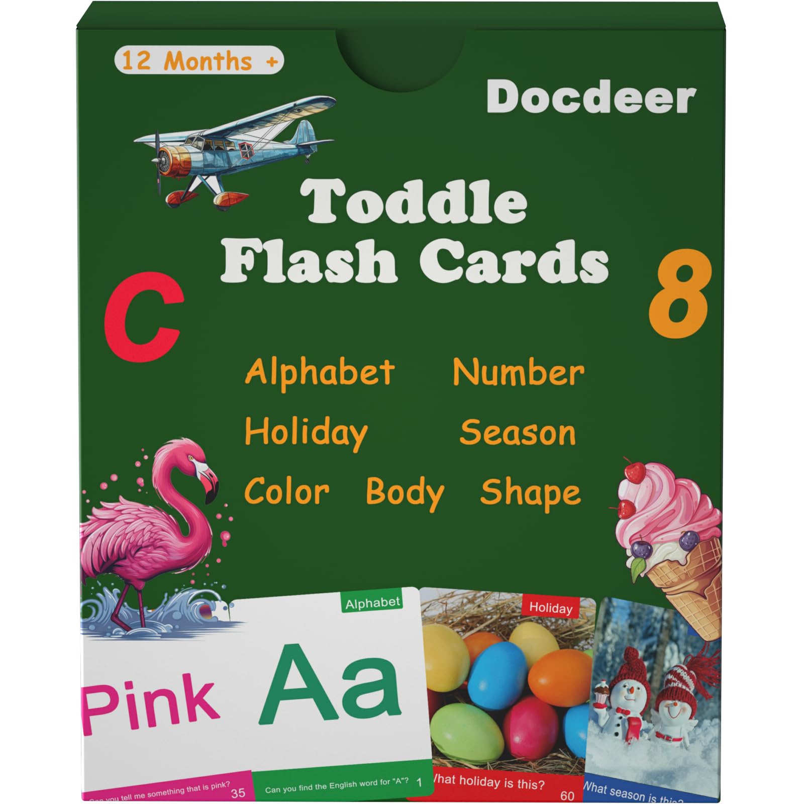 Docdeer Toddler Flash Cards for Kids Ages 1-4 - Alphabet, Numbers, Shapes & Body Parts Learning Cards - Educational Preschool Activities - Perfect for Home, Classroom & Travel Learning