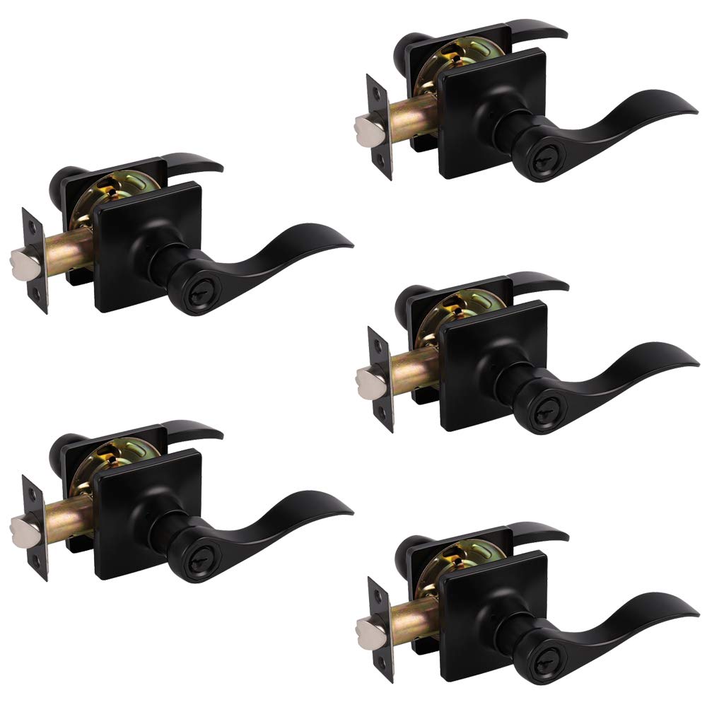Knobelite Keyed Alike Exterior Door Levers 5-Pack - Black Wave Entrance Door Lock Sets for Front Door Security, Reversible Right/Left Handed Locks - Perfect for Homes, Offices & Commercial Buildings