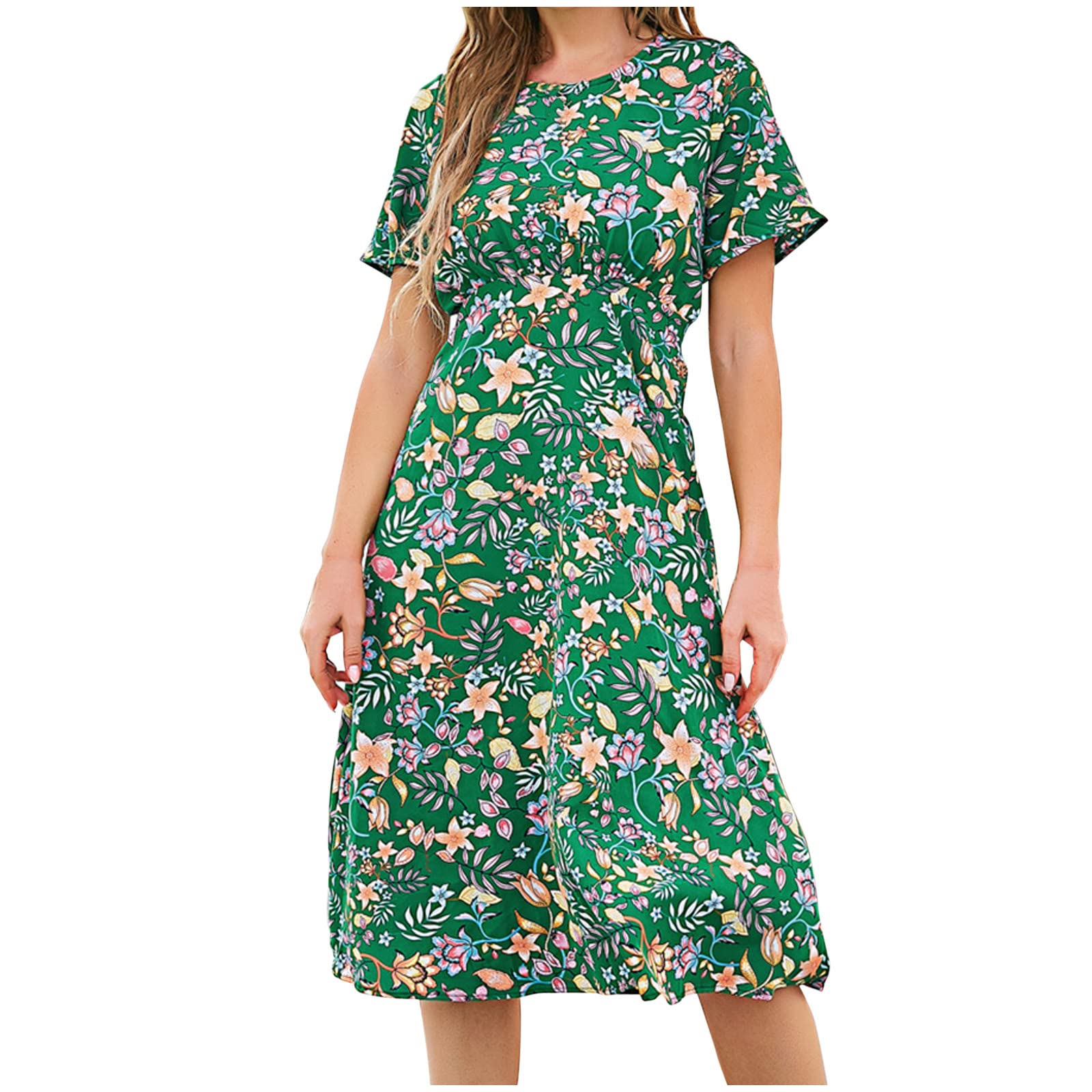 2022 Women's Summer Dresses - Sexy Casual Backless Pleated Floral Print Long Midi Dress for Beach, Vacation & Date Night | Mid-Calf Length Flowy Dress