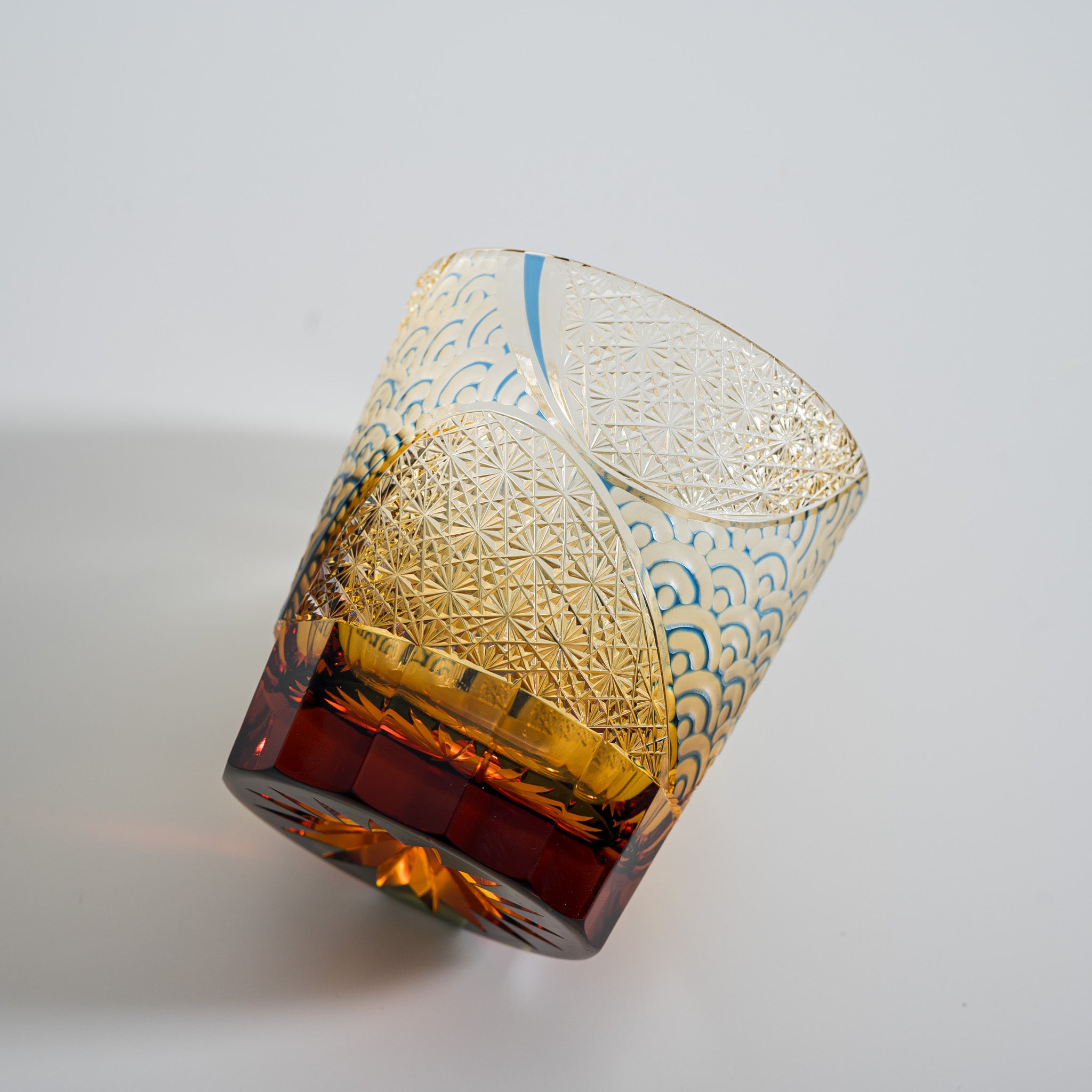 Yamada Crystal Glass Rock Glass - Amber Blue Wave Design - Premium Whiskey Tumbler for Home Bar, Cocktail Party & Gifts