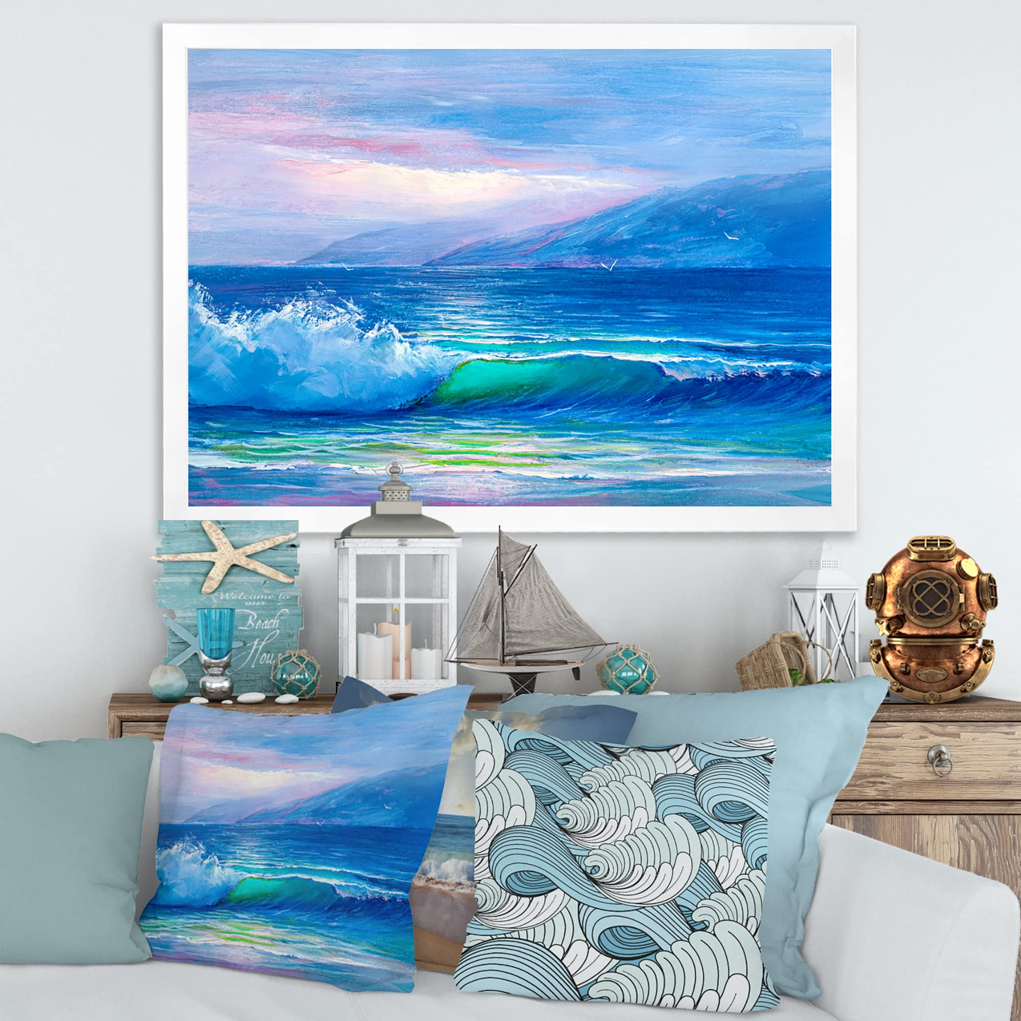 DesignQ Blue Waves Breaking At The Beach II - Coastal Framed Wall Art Decor for Living Room, Bedroom & Office - Nautical Ocean Themed Painting for Beach House & Seaside Home Decor