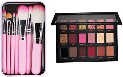 AHDAM 18-Color Rose Gold Eyeshadow Palette with Highly Pigmented Shimmery Shades & 7 Pink Makeup Brushes Set (Pack of 8) - Perfect for Party, Wedding, and Night Out Makeup Looks