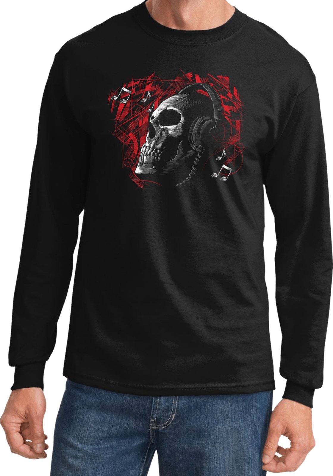 Skull Graphic Long Sleeve T-Shirt for Men & Women | Trendy Cool Cotton Tee with Headphone Design | Perfect for Concerts, Halloween & Streetwear Fashion