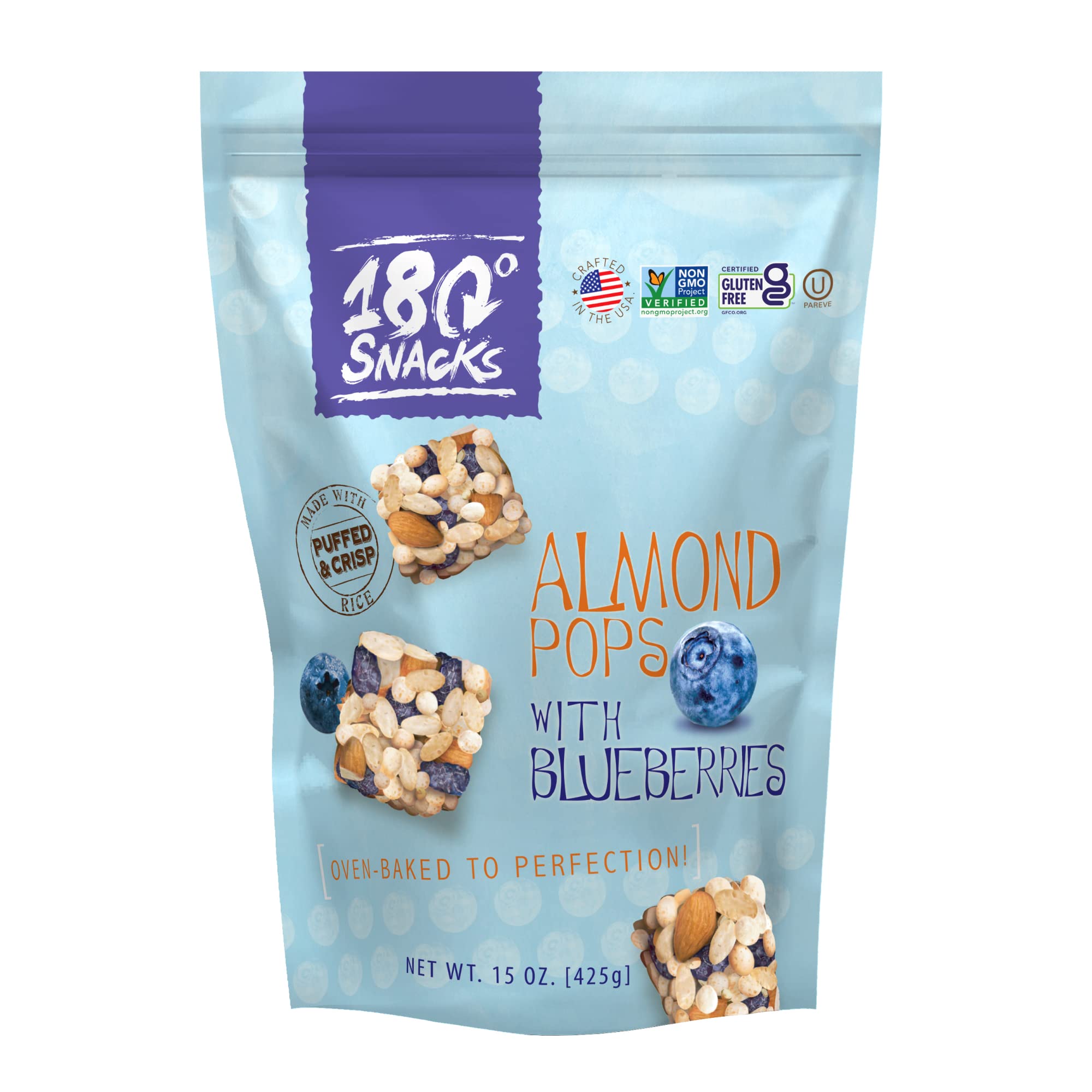 180 Snacks Almond Rice Pops with Blueberries - Healthy Non-GMO, Dairy-Free, Gluten-Free Bite-Size Snacks for Kids & Adults - 15 oz Pack - Perfect for On-the-Go, School Lunches & Office Snacking