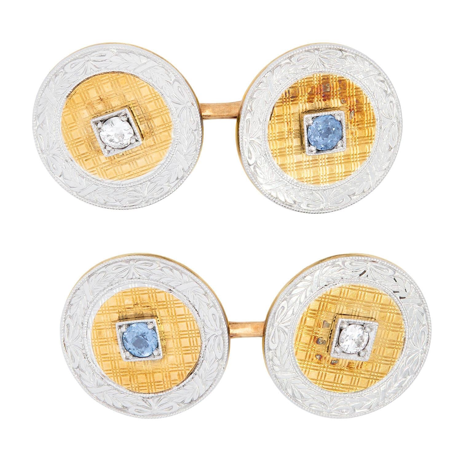 RIKER BROS Victorian Style 14k Gold & Platinum Diamond & Topaz Cufflinks for Men - Luxury Wedding, Formal Attire & Business Gifts