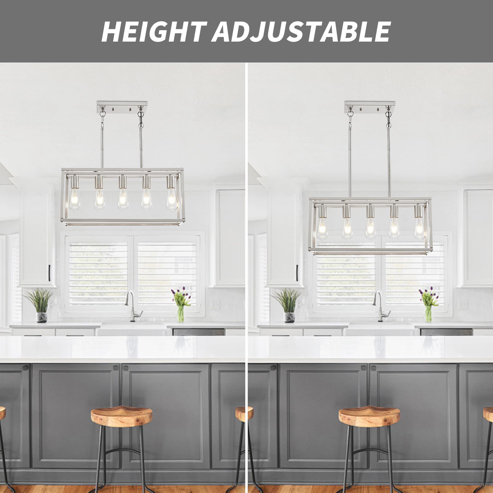 5-Light Modern Linear Pendant Lighting for Kitchen Island & Dining Room - Adjustable Height Brushed Nickel Chandelier with E26 Base - Perfect for Contemporary Home Decor & Restaurant Lighting