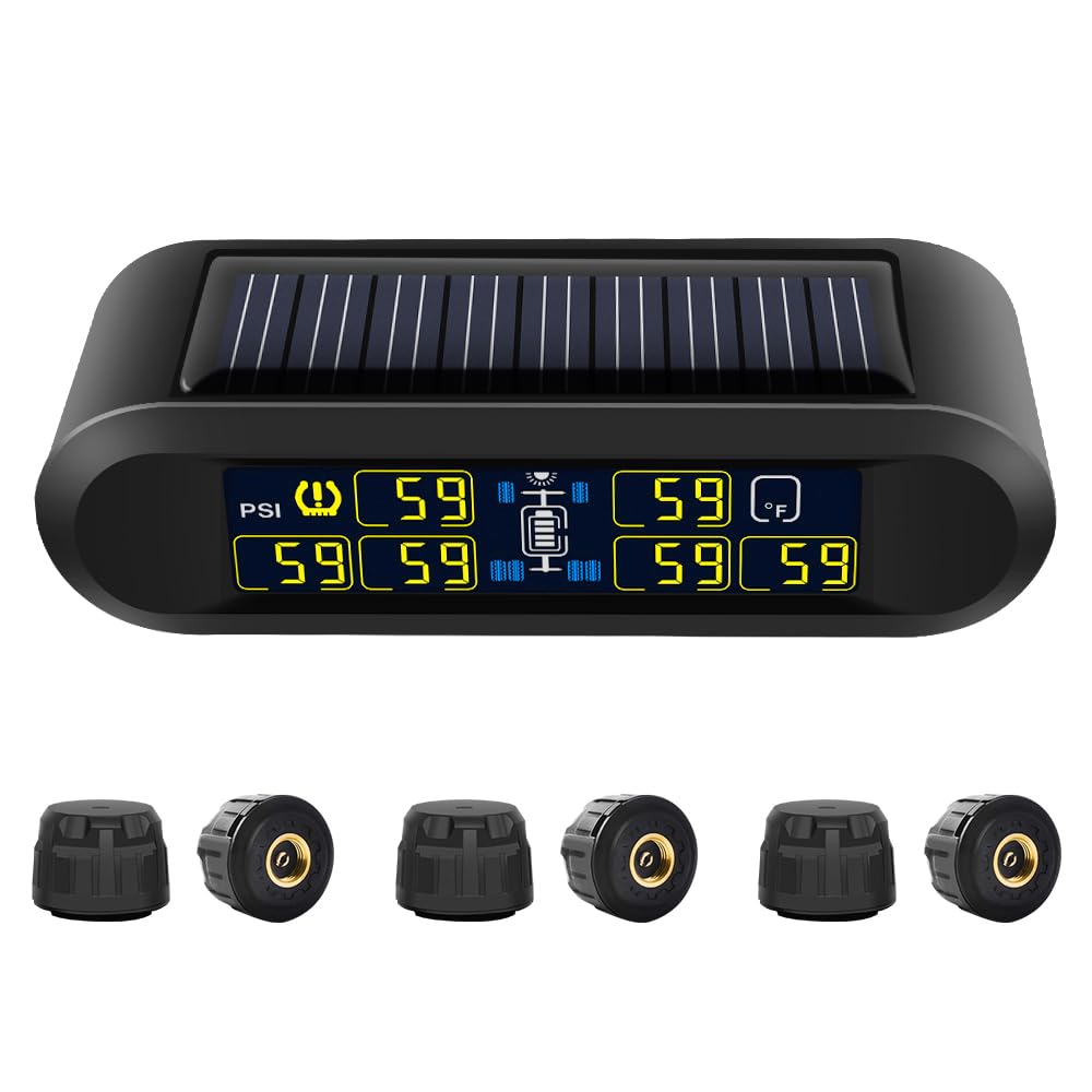 B-Qtech Wireless RV TPMS with 6 Sensors - Solar Powered Tire Pressure Monitoring System (0-199PSI) for Trailers & Motorhomes - High Brightness Display, 5 Alarm Modes, Real-Time Monitoring - Perfect for Road Trips, Camping & Long-Distance Travel