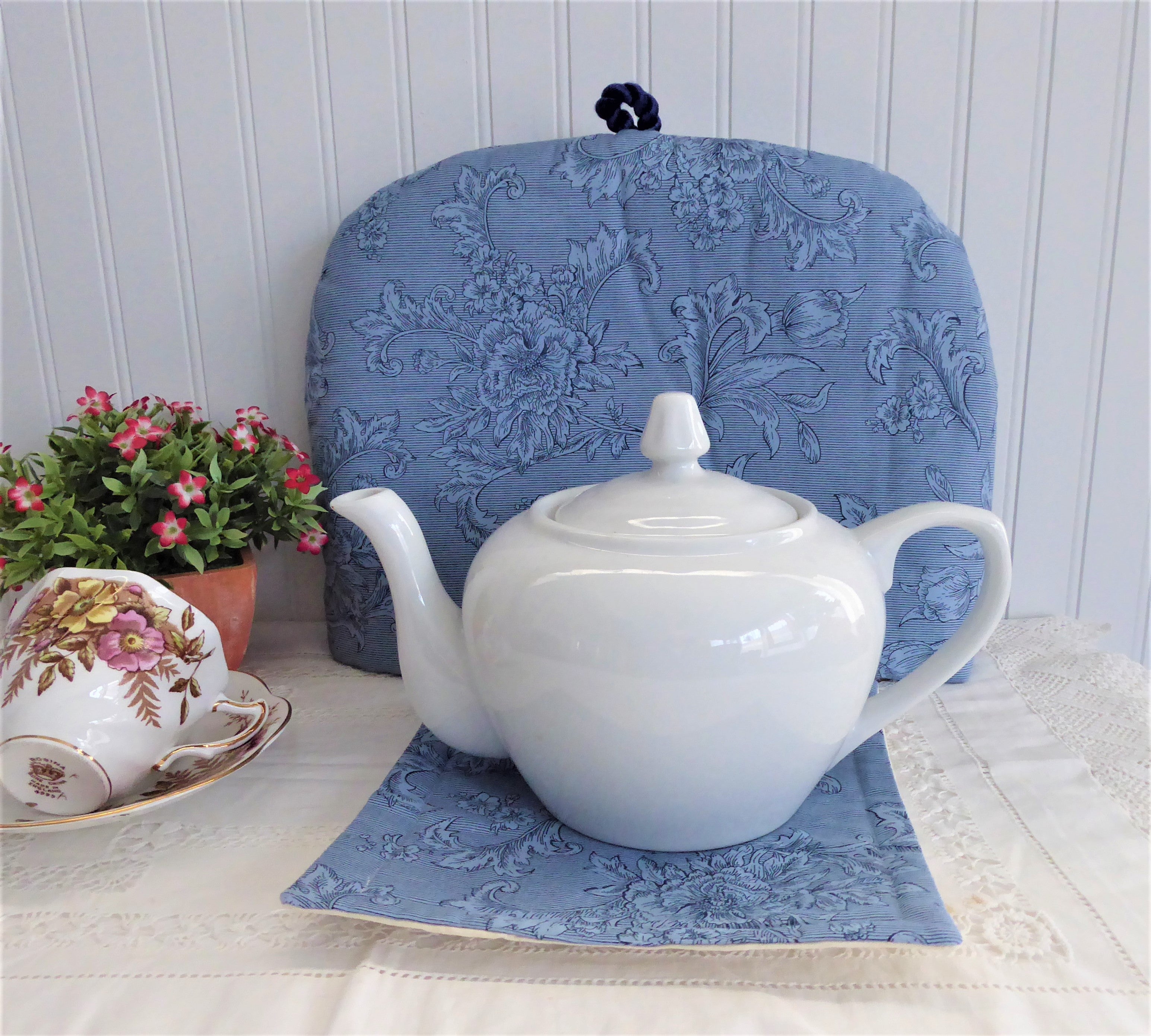 Handmade Floral Tea Cozy Set with Trivet & Mug Mat - Blue on Blue Design for Tea Lovers | Perfect for Afternoon Tea, Gifts & Cozy Kitchen Decor (1999 Collection)