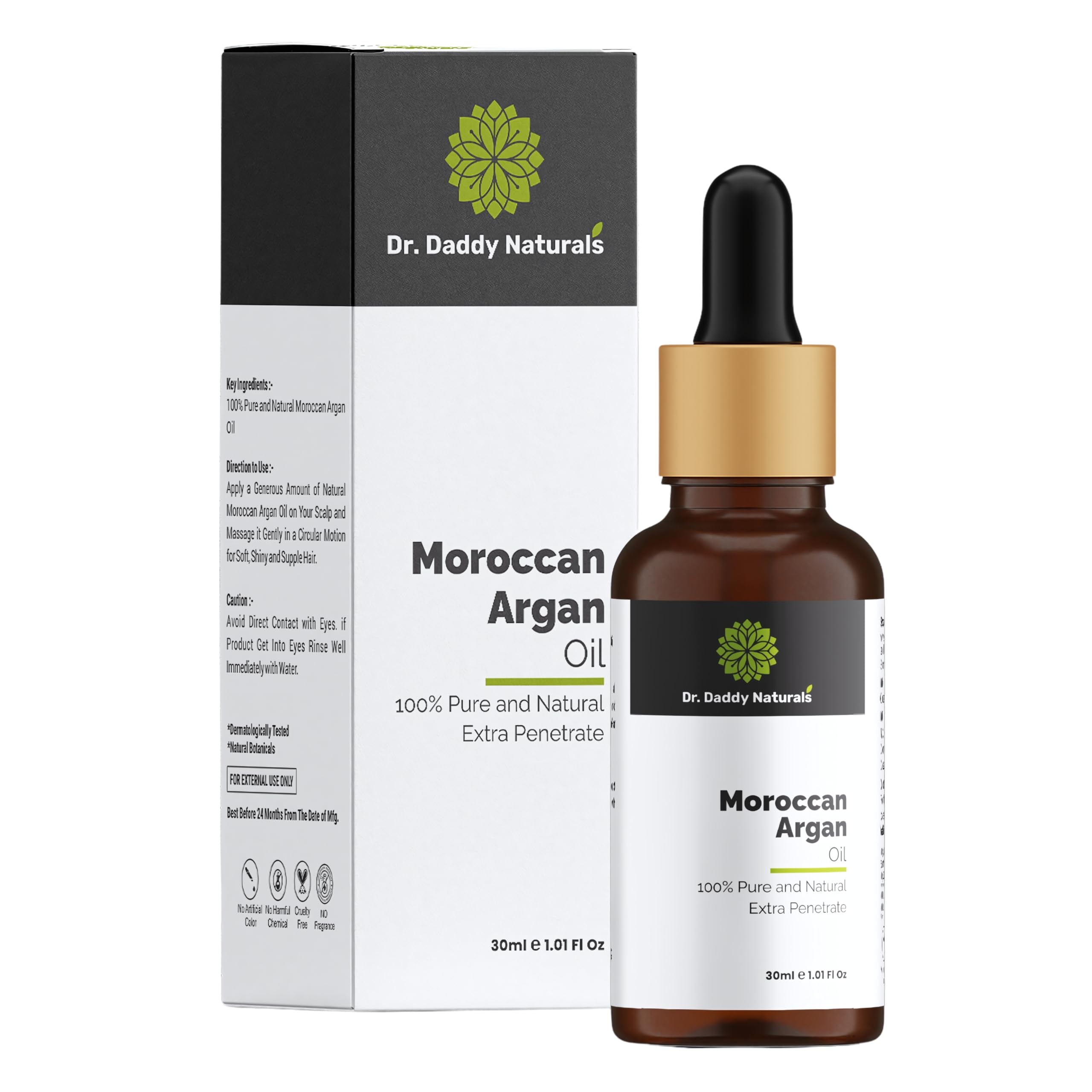 Dr. Daddy Naturals 100% Pure Organic Cold Pressed Moroccan Argan Oil for Hair, Face & Skin - Frizz Control, Daily Nourishment, Stronger Hair Growth - 30ml | Perfect for Dry Hair Treatment, Skin Hydration & Anti-Aging Care