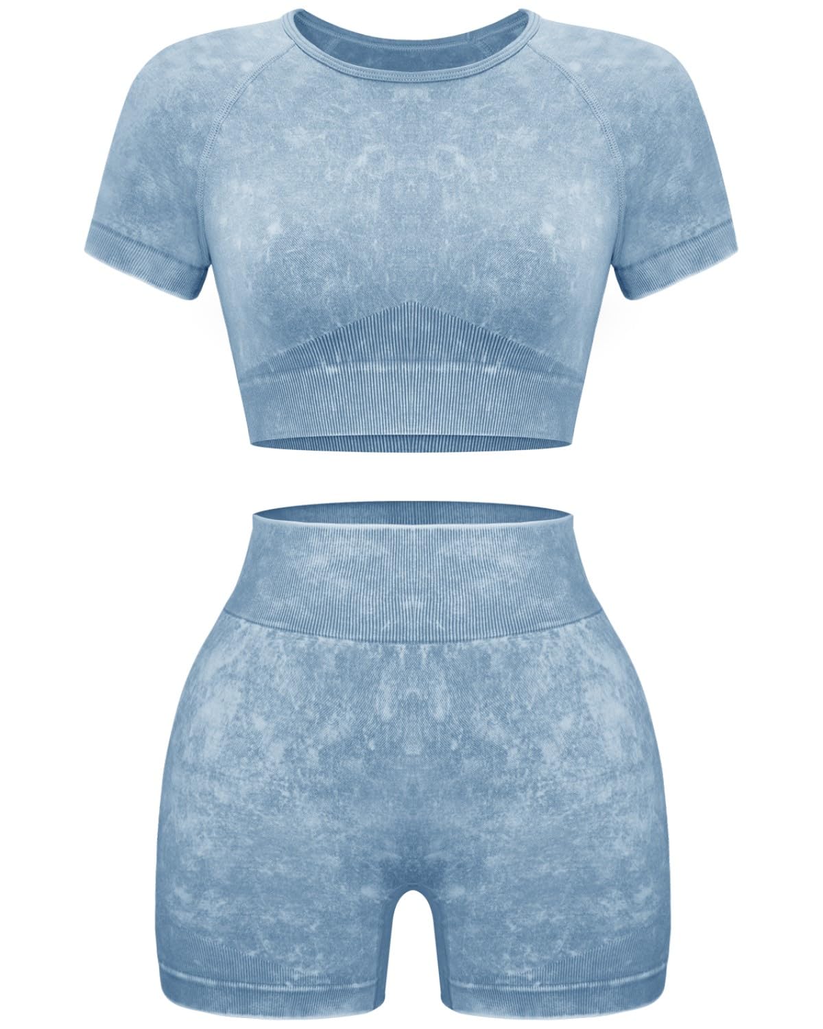 OLCHEE Women's 2-Piece Workout Set - Seamless Acid Wash Yoga Shorts & Crop Top Matching Gym Outfit | Athletic Clothing for Yoga, Running & Fitness