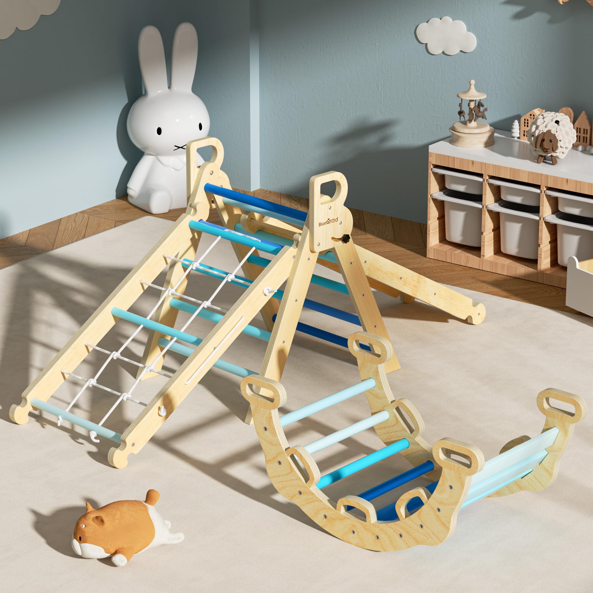 BlueWood 2025 8-in-1 Pikler Triangle Climbing Set - Montessori Toddler Toys, Indoor Baby Jungle Gym Climber with Slide & Ramp, Foldable Wooden Playground for Kids Ages 1-5 Years (Sky Blue) - Perfect for Home Playroom, Daycare & Preschool Activities