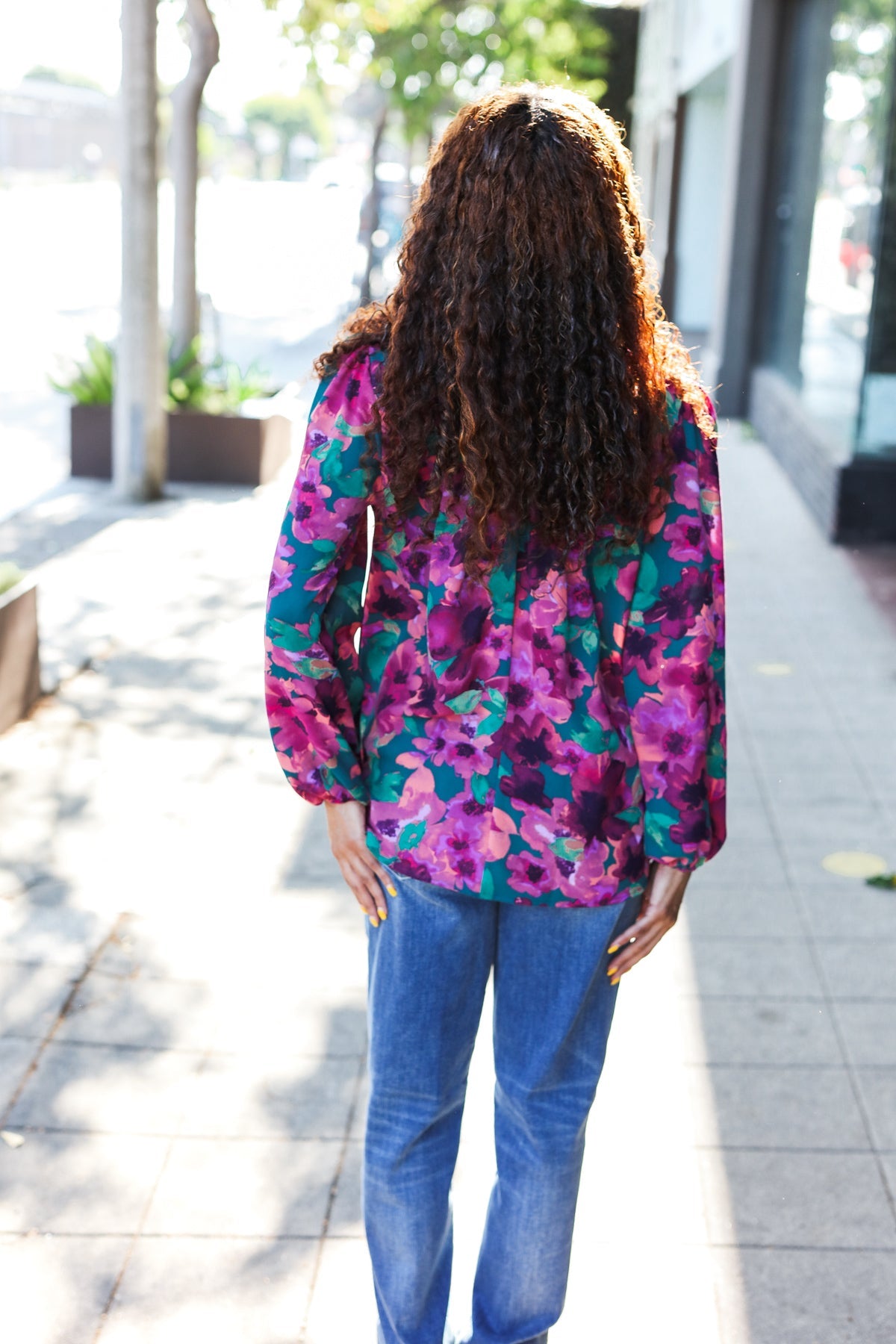 Stylish Hunter Green Watercolor Floral Print Notch Neck Blouse - Elegant Women's Tops for Casual Wear, Office Outfits & Spring Fashion