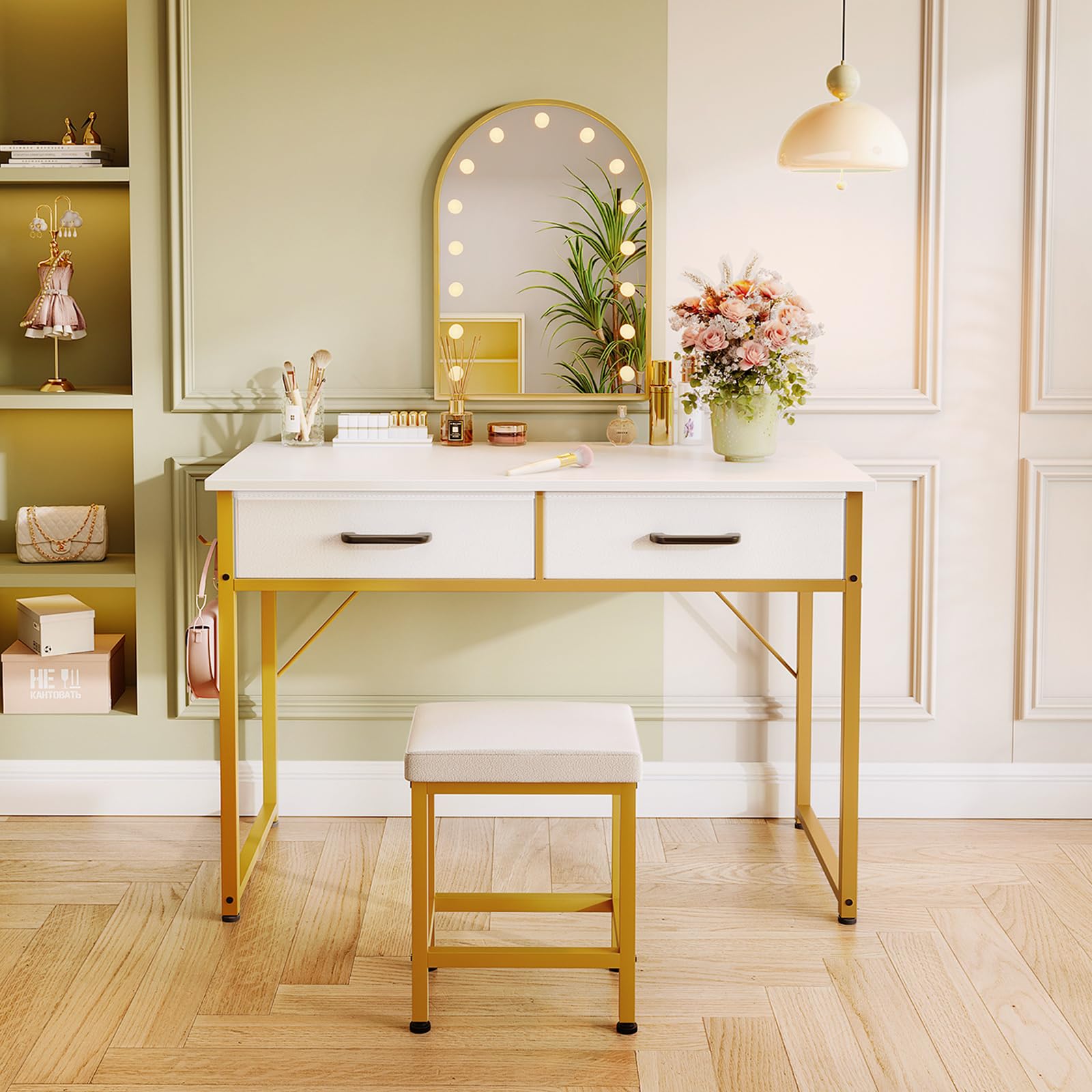 AODK 40 Inch Small Vanity Desk with Stool - No Mirror Makeup Table with 2 Fabric Drawers & Steel Hook - Elegant White and Gold Vanity Table for Girls Bedroom | Perfect for Makeup Organization, Dressing Area & Small Space Decor