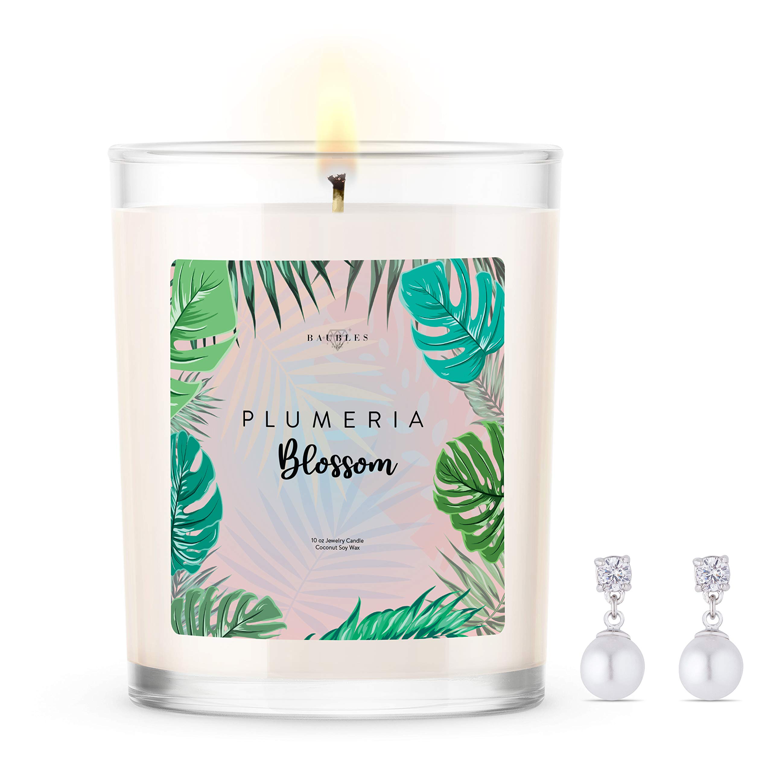 Plumeria Blossom Scented Premium Soy Candle with Surprise Jewelry Gift - 10oz Large Hand-Poured Candle, Parrafin-Free, Made in USA | Perfect for Home Decor, Relaxation & Gift Giving
