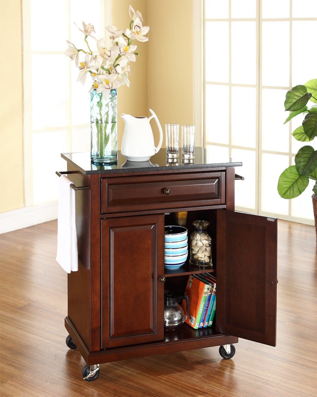 Crosley Compact Granite Top Rolling Cart with Shelves - Microwave Stand with Towel Rack, Mahogany Kitchen & Bathroom Organizer for Small Spaces