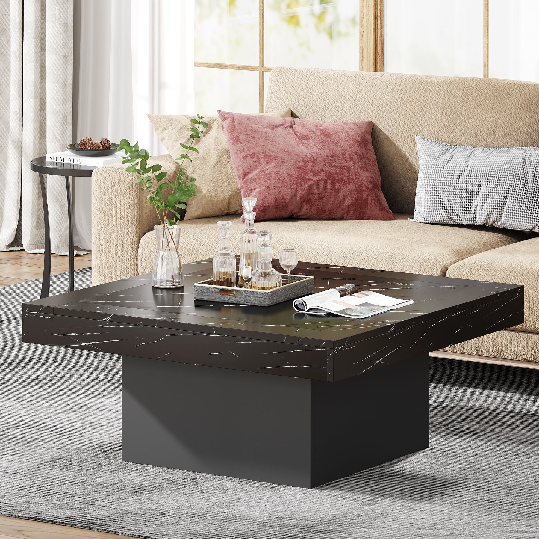 Modern Square Coffee Table with LED Lights - Rustic Farmhouse Wood Cocktail Table for Living Room, Lounge & Home Decor