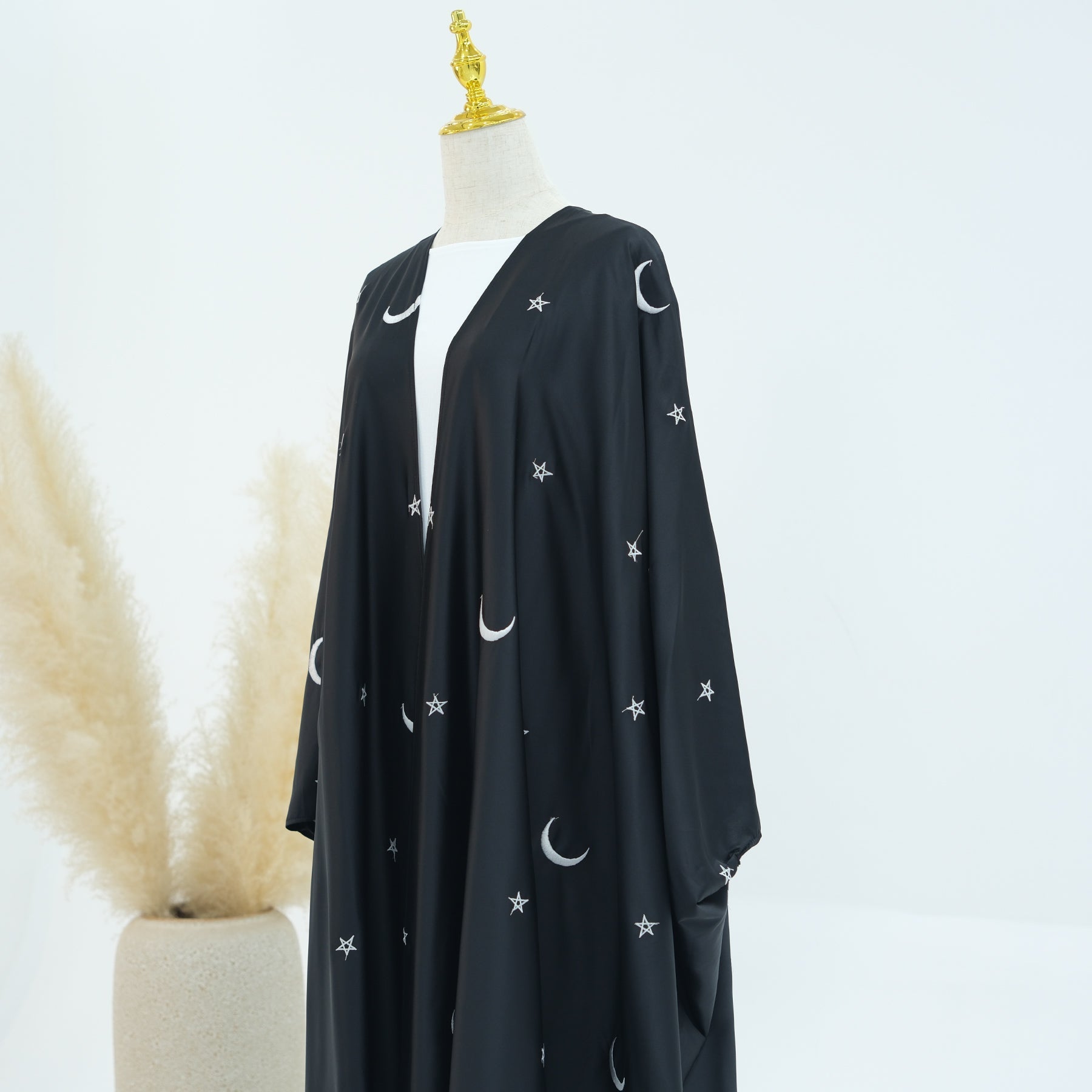 Elegant Hannah Moon Star Open Abaya - Black | Modest Muslim Prayer Dress for Women | Perfect for Prayer, Mosque, and Special Occasions