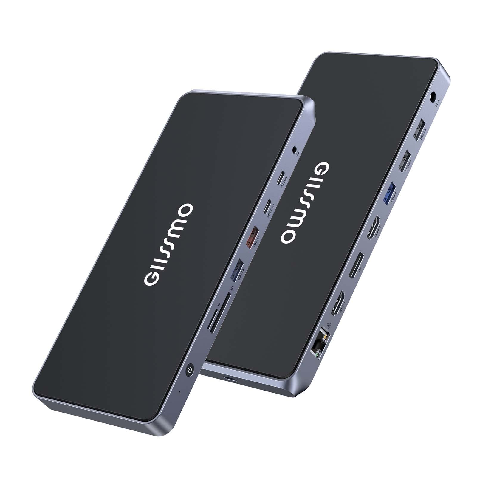 GIISSMO USB C Docking Station Triple Monitor for Windows & Mac - 4K Triple Display with 130W Power Adapter, 10Gbps USB-C/A Ports, 20W Fast Charging, RJ45 Ethernet, USB 3.0/2.0, Audio Jack (Black) - Perfect for Home Office, Gaming Setup & Multi-Tasking Professionals