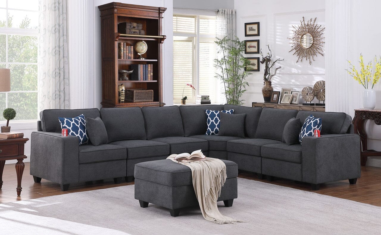 Cooper Stone Gray Woven Fabric 7-Piece Reversible L-Shaped Sectional Sofa Set with Ottoman & Cup Holders - Modern Living Room Furniture for Home Theater, Family Gatherings & Lounge Areas
