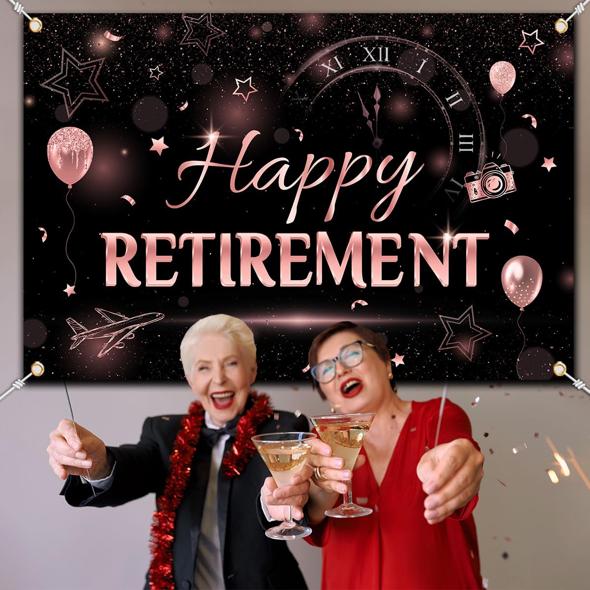 Rose Gold Retirement Backdrop Banner - Happy Retirement Decorations for Women, Retirement Party Photo Booth Supplies - Perfect for Retirement Celebrations, Office Farewells & Milestone Parties