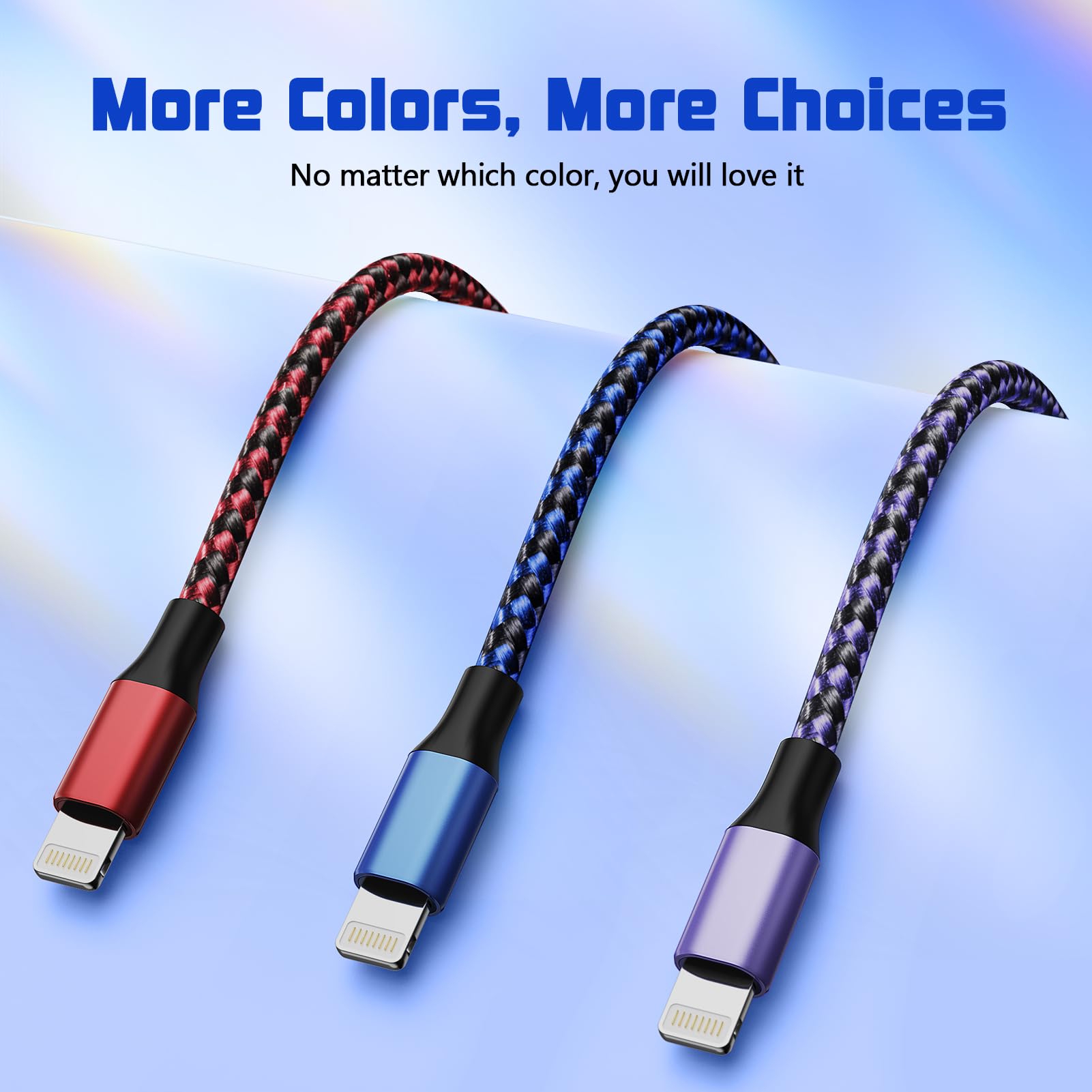 HKYUSHINE 3-Pack 6ft MFi Certified Lightning Cable - Durable Nylon Braided iPhone Charger Cord for iPhone 14/13/12/11/X/8/7 (Blue, Purple, Red) - Fast Charging & Data Sync for Home, Office, Car & Travel