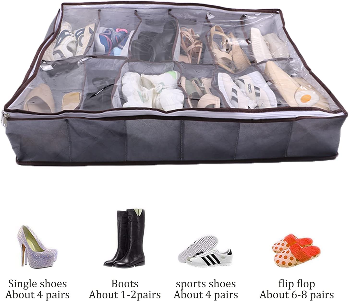 Under Bed Storage Bags - Set of 2 with Clear Lid, Zipper & Handles - Foldable Shoe Organizer Holds 24 Pairs - Perfect for Closet, Dorm Room & Small Space Organization