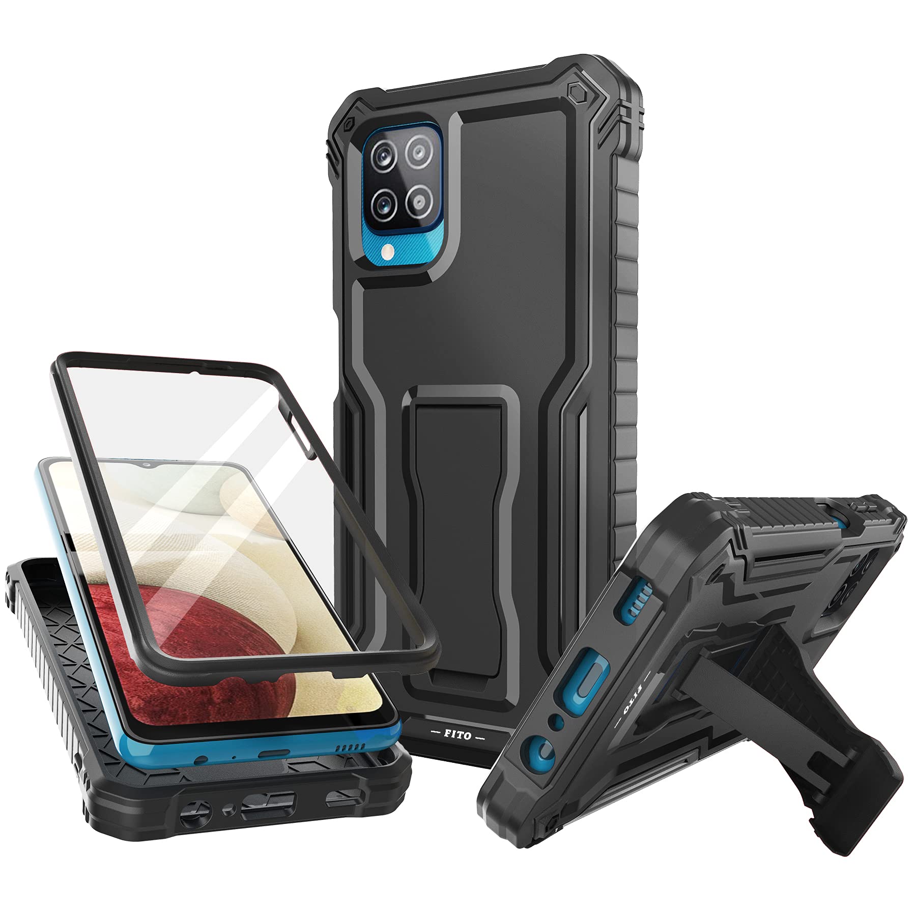 Shockproof Heavy Duty Case for Samsung Galaxy A12 with Screen Protector & Built-in Kickstand - Dual Layer Protection Phone Cover (Black) - Perfect for Outdoor Activities, Travel, and Daily Use