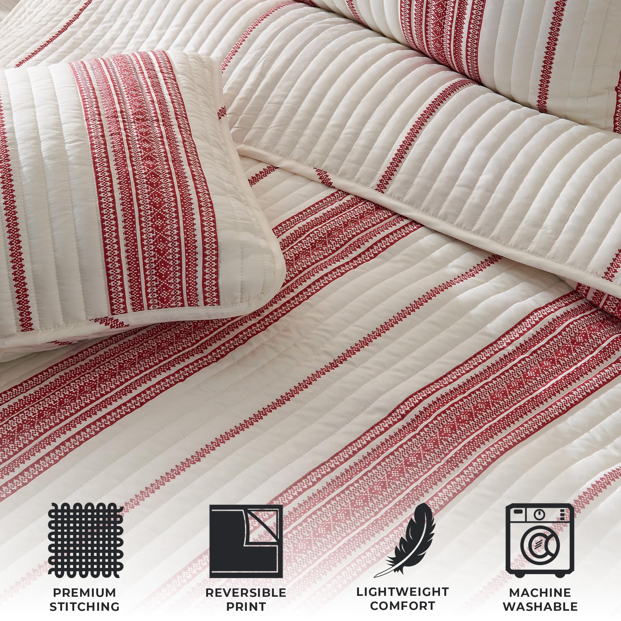 Great Bay Home King Size Reversible Quilt Set - All Season Lightweight Bedspread with 2 Pillow Shams - Modern Red Striped Design for Bedroom Decor | Perfect for Guest Rooms, Master Bedrooms & Cozy Home Styling