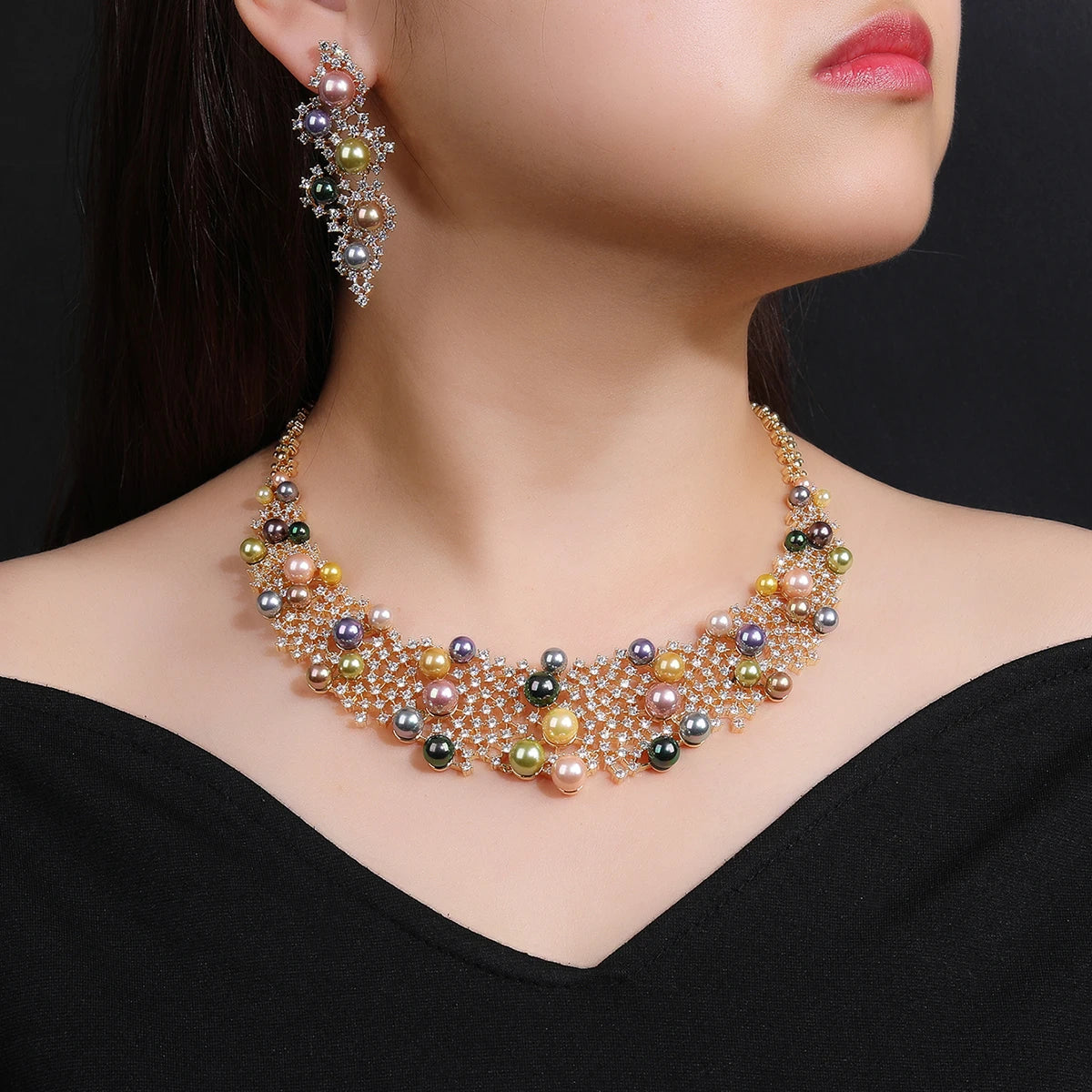 Elegant Bridal Jewelry Set - Pearl & Cubic Zirconia Necklace and Earrings Set for Women | Wedding, Party, Prom, Anniversary Gift | CN11546