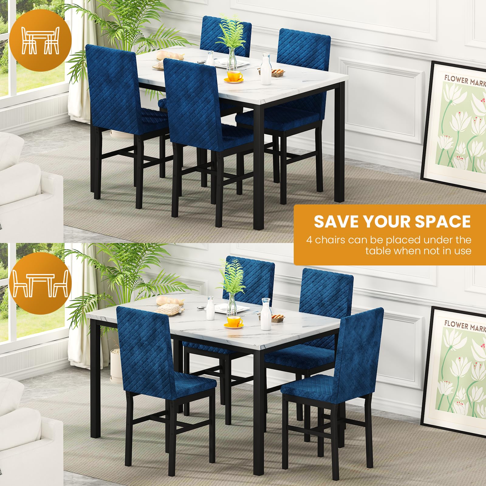 DKLGG 4-Piece Dining Table Set - Faux Marble Kitchen Table with 4 Velvet Upholstered Chairs, Compact Space-Saving Design for Apartments & Small Homes (White & Blue) - Perfect for Breakfast Nooks, Studio Apartments & Cozy Dining Areas