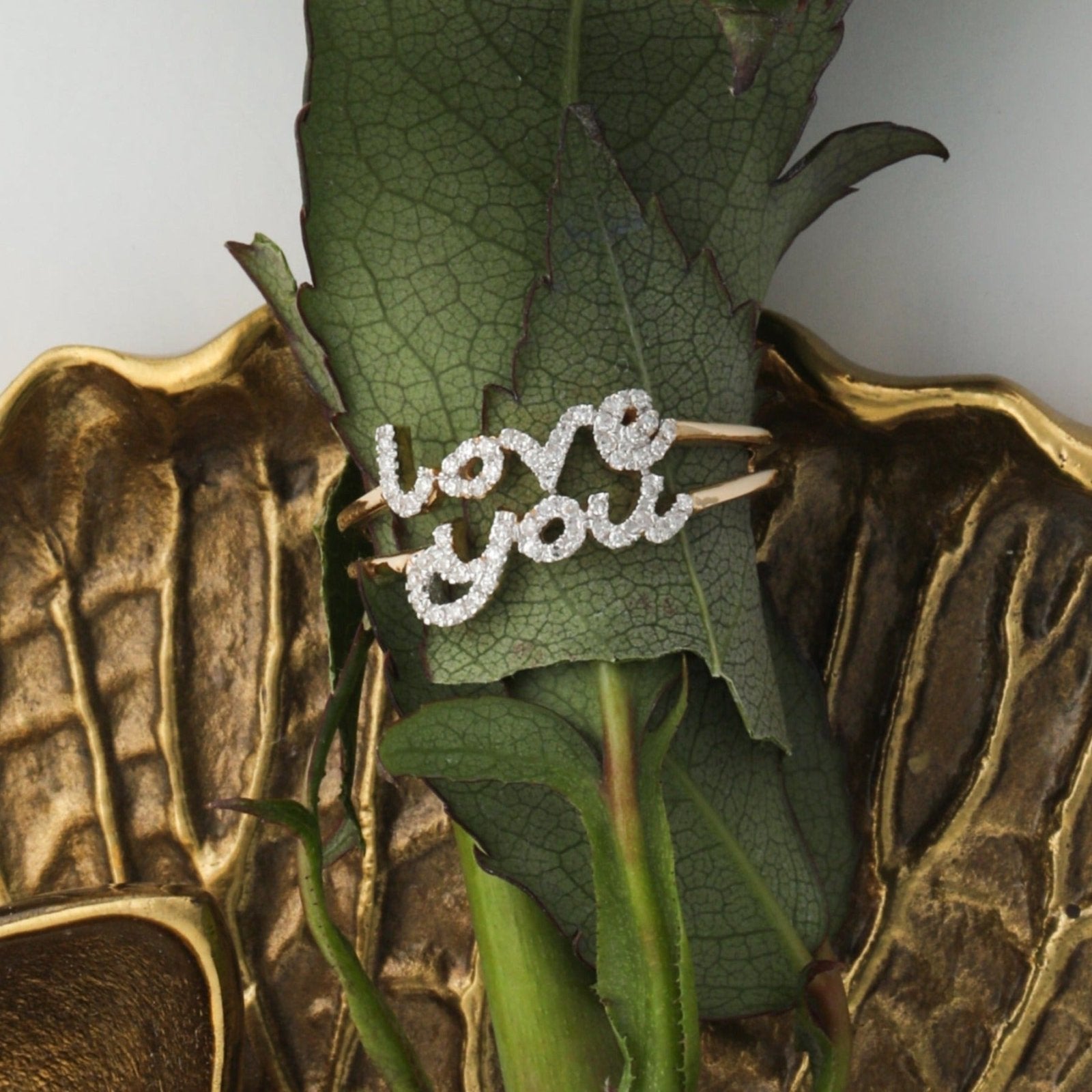 14K Yellow Gold Diamond Love You Script Ring - Elegant & Romantic Jewelry for Anniversaries, Engagements & Special Occasions
