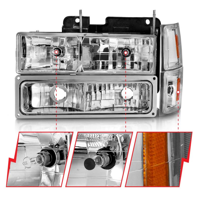 Anzo USA Crystal Clear Headlights for 88-98 Chevy C1500 - Chrome Housing with Integrated Turn Signal & Side Marker Lights (111506) - Perfect for Truck Restoration & Night Driving Safety
