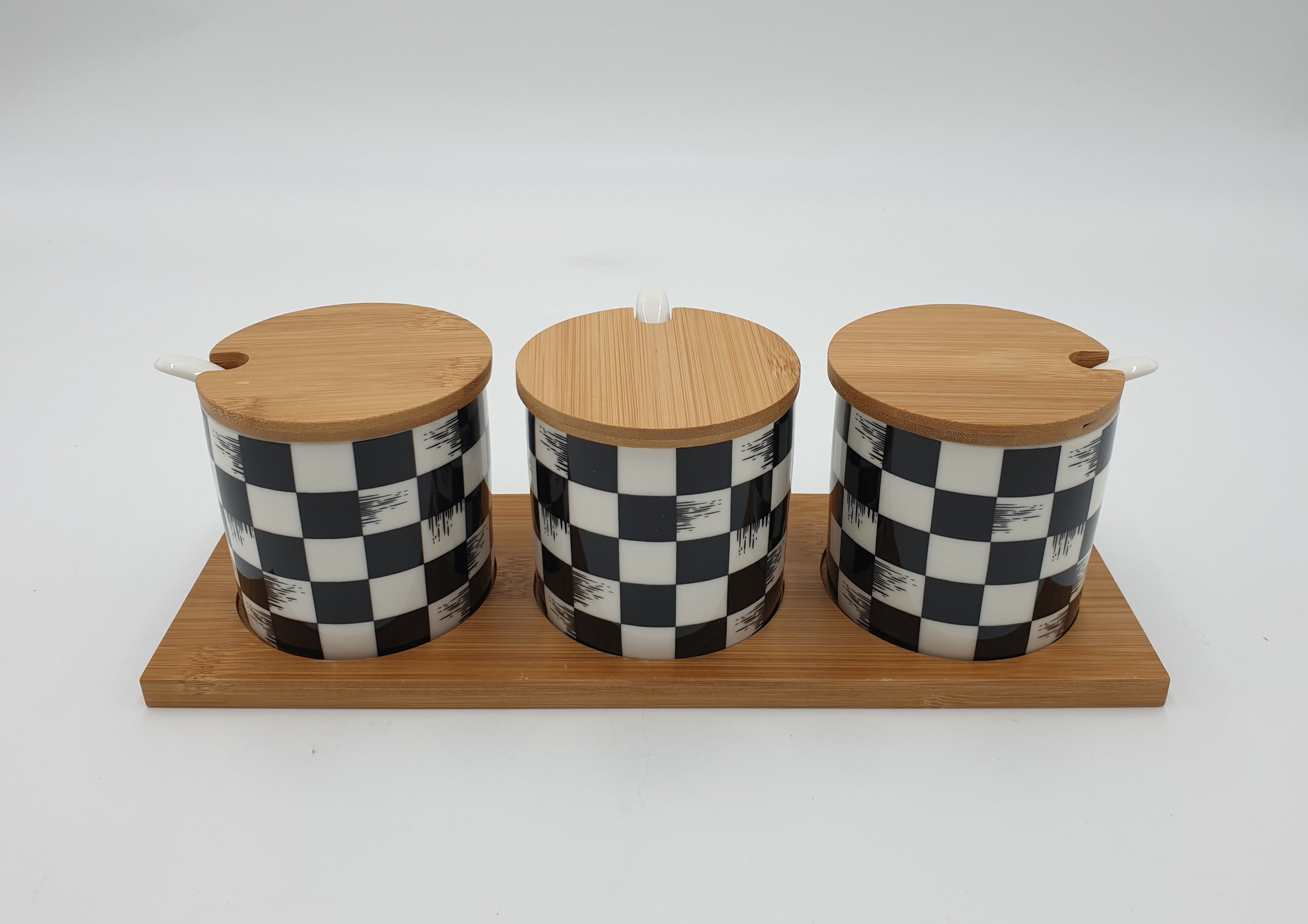 3-Piece Spice Jar Set with Wooden Rack - Checkered Design for Kitchen Organization & Spice Storage - Perfect for Pantry, Countertop, or Cabinet Display