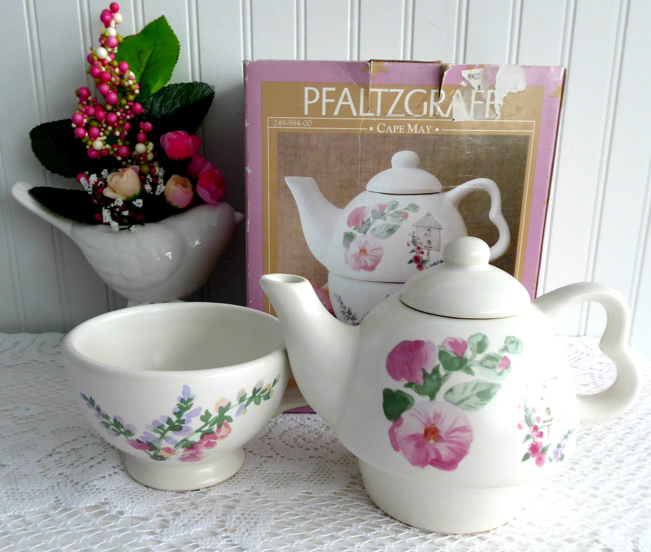 Pfaltzgraff Cape May Tea For One Set - Foxgloves & Bird House Watercolor Design - Gift Boxed - Perfect for Afternoon Tea, Gifting & Home Decor