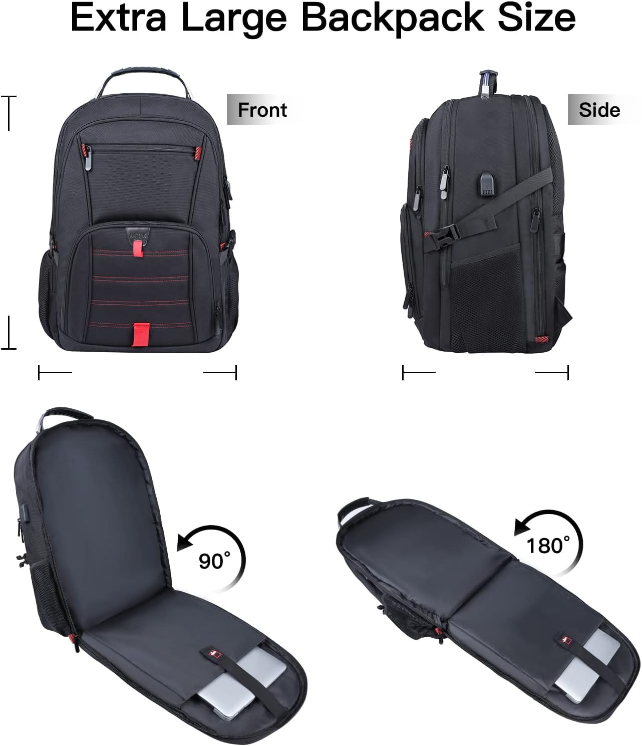 Extra Large 18.4 Inch Travel Laptop Backpack for Men & Women - 55L Anti-Theft Water Resistant USB Charging Port - TSA Approved Airline Business Computer Backpack - Perfect for College, Work & Travel (Black)