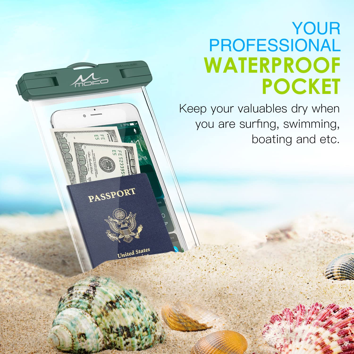 MoKo Waterproof Phone Pouch [3 Pack] - IPX8 Certified Underwater Clear Dry Bag with Lanyard for iPhone 13 Mini/12/11 Pro Max/X/Xr/Xs/SE 3/2 & Samsung S21/S9/Note 10 - Indigo, Army Green, Black - Perfect for Swimming, Beach, Kayaking & Outdoor Activities