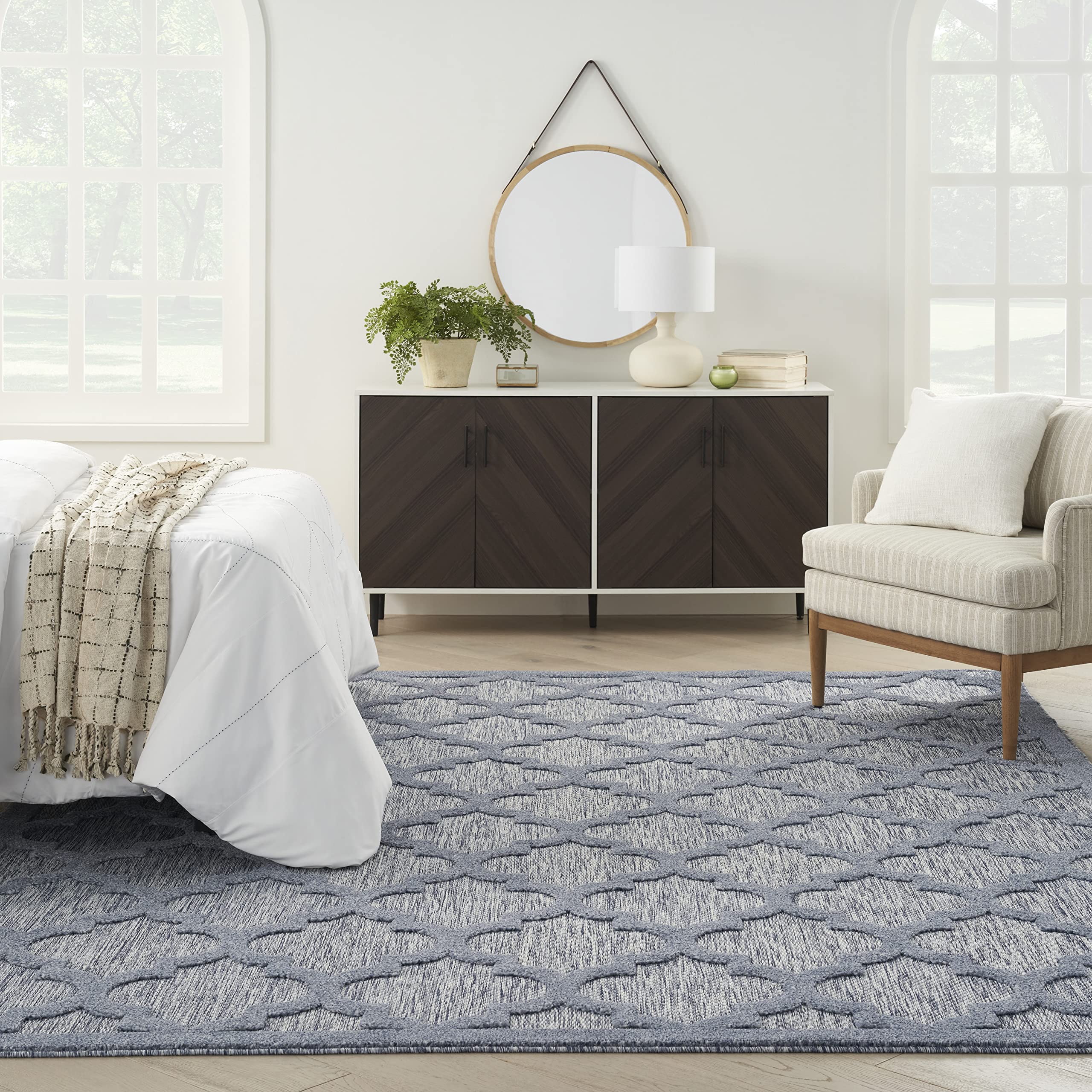 Nourison Easy Care Moroccan Denim Blue 7' x 10' Area Rug - Trellis Pattern, Stain Resistant & Non-Shedding for Easy Cleaning | Perfect for Bedroom, Living Room, Dining Room, Backyard, Deck & Patio Decor (7x10)