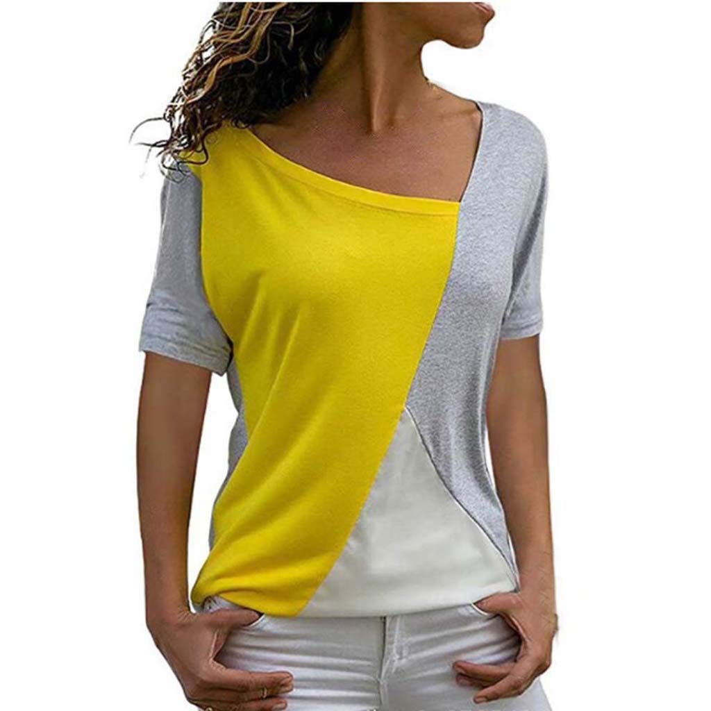Women's Short Sleeve V-Neck T-Shirts - Basic Patchwork Color Blouse Tee Tops for Casual Wear, Work & Everyday Outfits